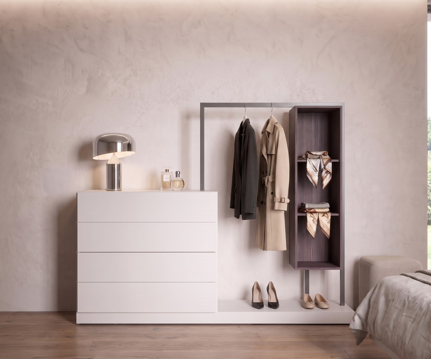 Commode avec penderie moderne Easy 4 Novamobili Commode avec penderie Easy 4 de Novamobili, valet blanc moderne pour entrée ou chambre avec tringle et étagère en bois.