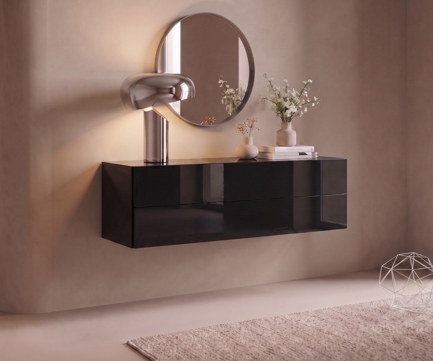 Commode suspendue noire Novamobili Easy Commode suspendue Novamobili Easy pour l'entrée. Meuble suspendu noir brillant au style moderne avec miroir rond.