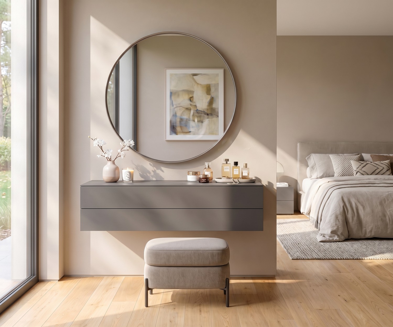 Commode suspendue Easy Novamobili à 2 tiroirs Commode suspendue Easy de Novamobili à 2 tiroirs dans une chambre moderne, laqué gris avec miroir rond et pouf élégant.