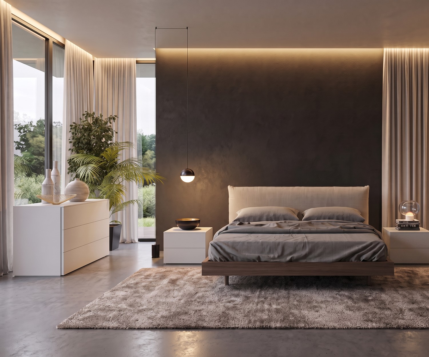 Table de chevet Livitalia Atena dans une chambre moderne, table de nuit blanche avec tiroirs pour un style minimaliste.