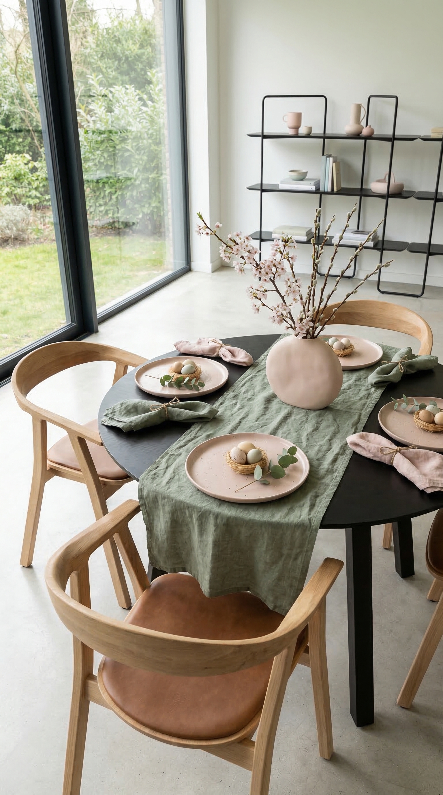 Une table &agrave; manger festive pour le brunch de P&acirc;ques en vert sauge et rose devant de grandes fen&ecirc;tres.