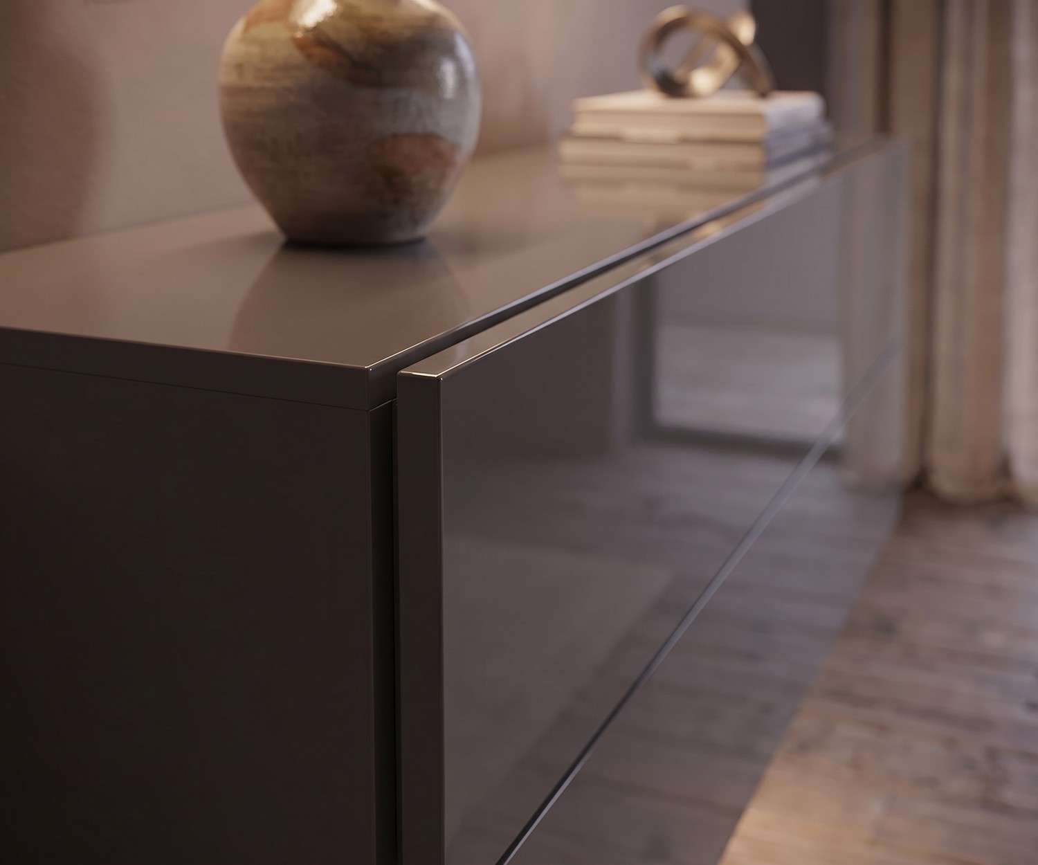 Commode suspendue Novamobili Easy gris quartz brillant Commode suspendue Easy de Novamobili pour le salon, laqué brillant gris quartz, design minimaliste et élégant.