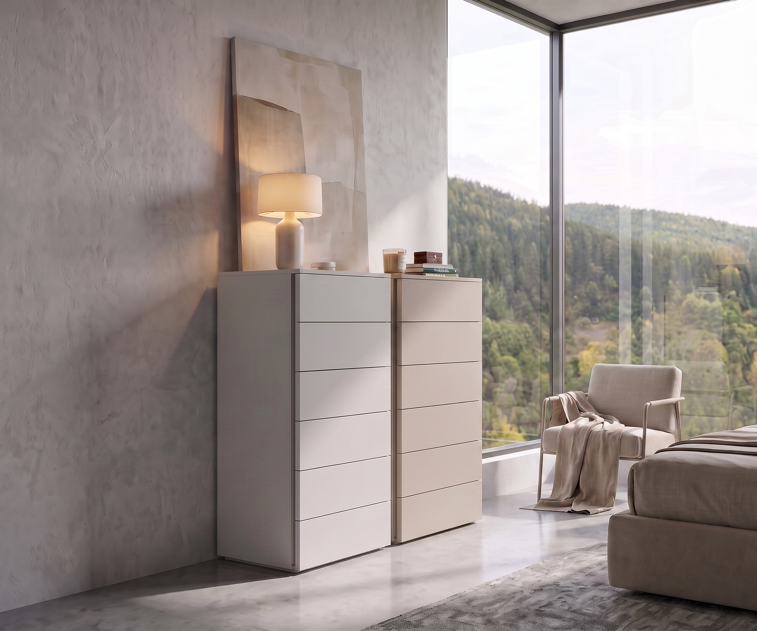 Chiffonnier haut minimaliste Livitalia Atena Chiffonnier haut Atena par Livitalia pour la chambre, commodes minimalistes à 6 tiroirs en blanc et beige, style moderne.