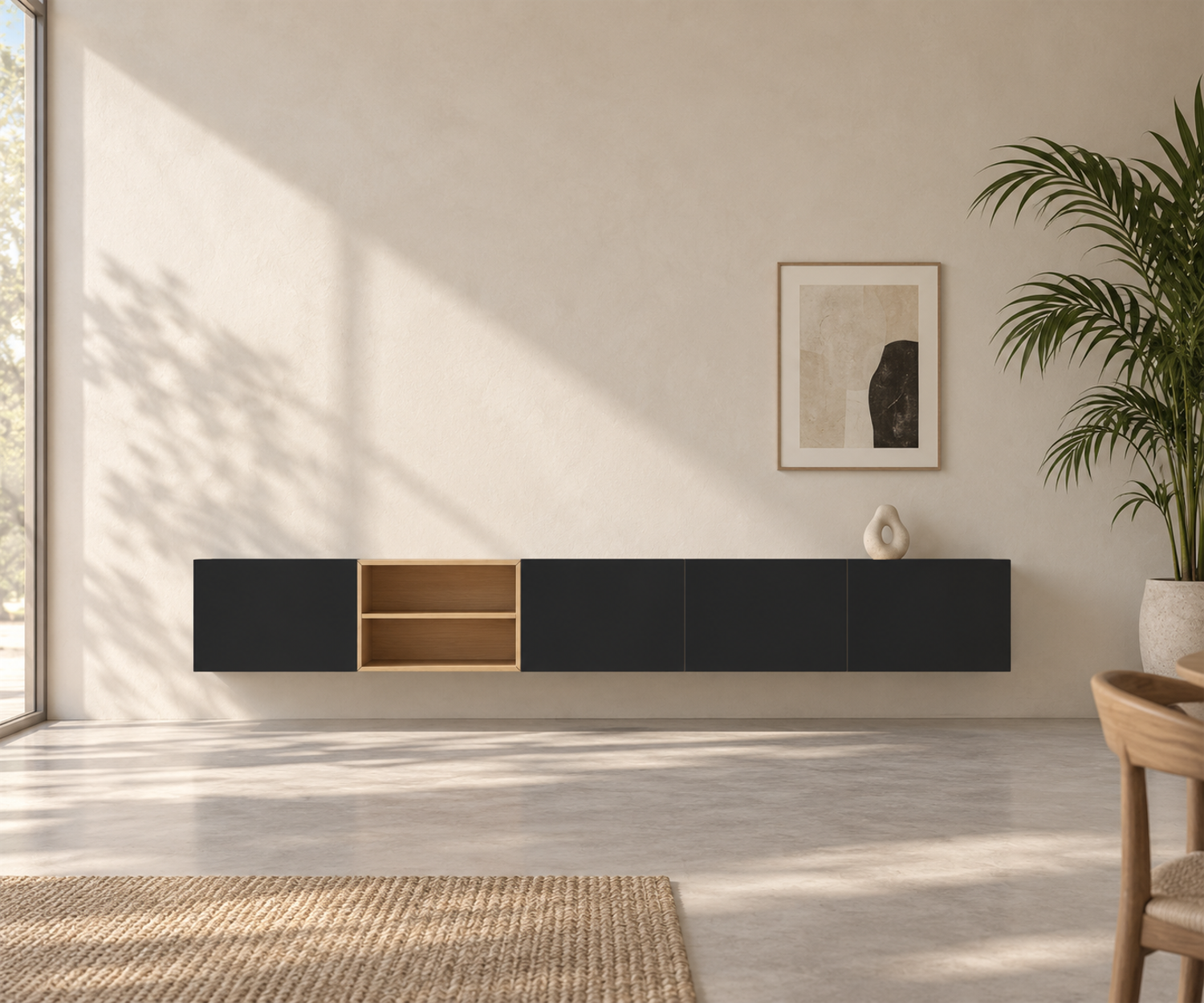 Livitalia Box 18 Buffet suspendu 300 cm – Noir mat + Chêne clair Livitalia Box 18 Buffet suspendu 300 cm – Noir mat + Chêne clair
