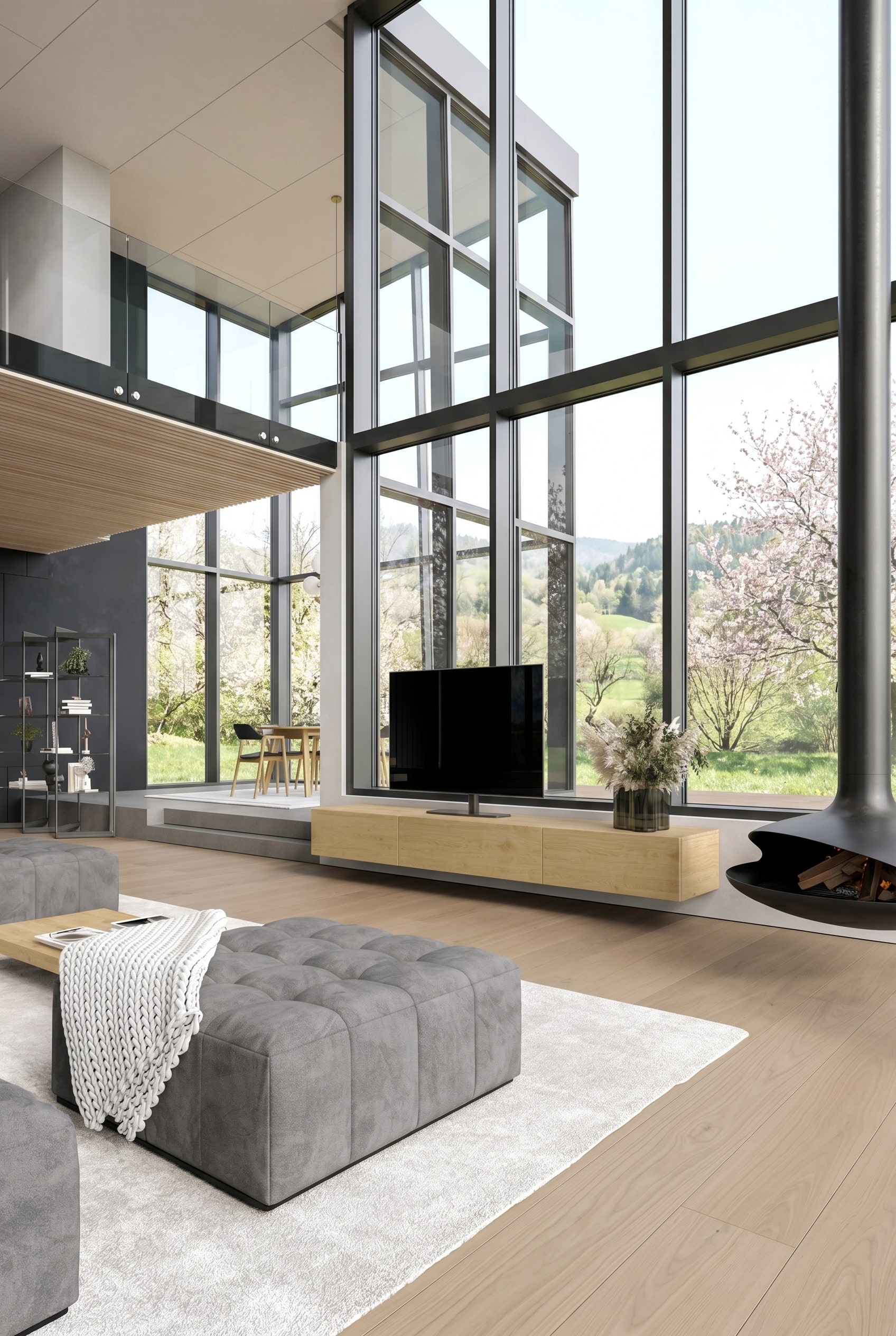 Bodennahes, langes Lowboard aus hellem Holz in einem minimalistischen Raum Bodennahes, langes Lowboard aus hellem Holz in einem minimalistischen Raum