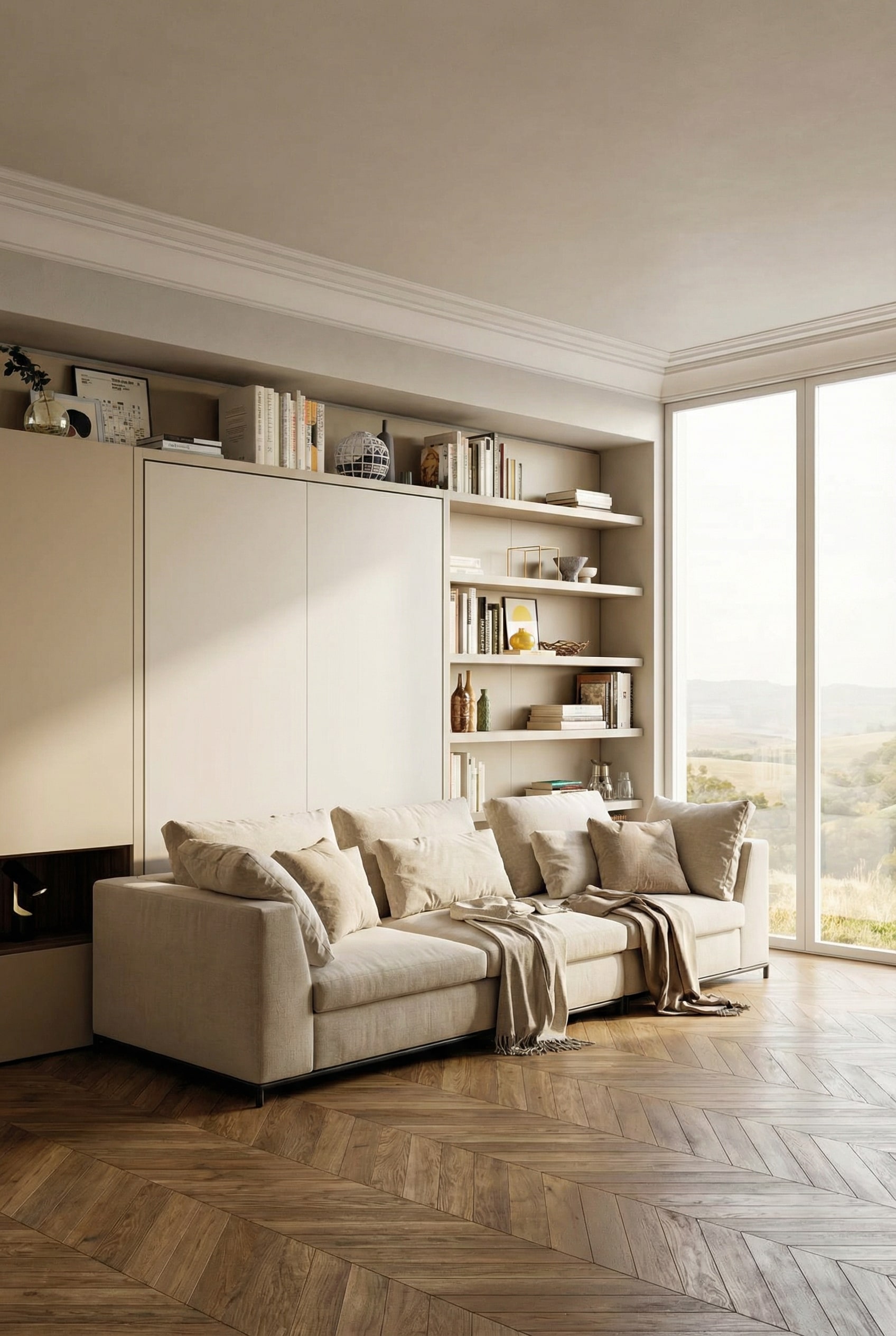 Mur de rangement de haute qualit&eacute;, sur mesure, avec lit escamotable int&eacute;gr&eacute; dans des tons chauds