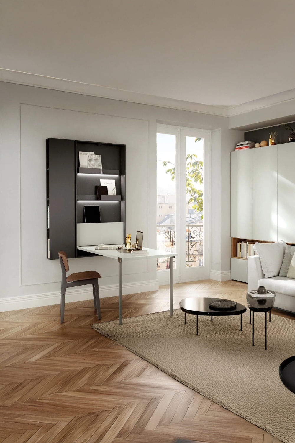 table murale pliante peu encombrante avec rangement dans une chambre am&eacute;nag&eacute;e de mani&egrave;re moderne