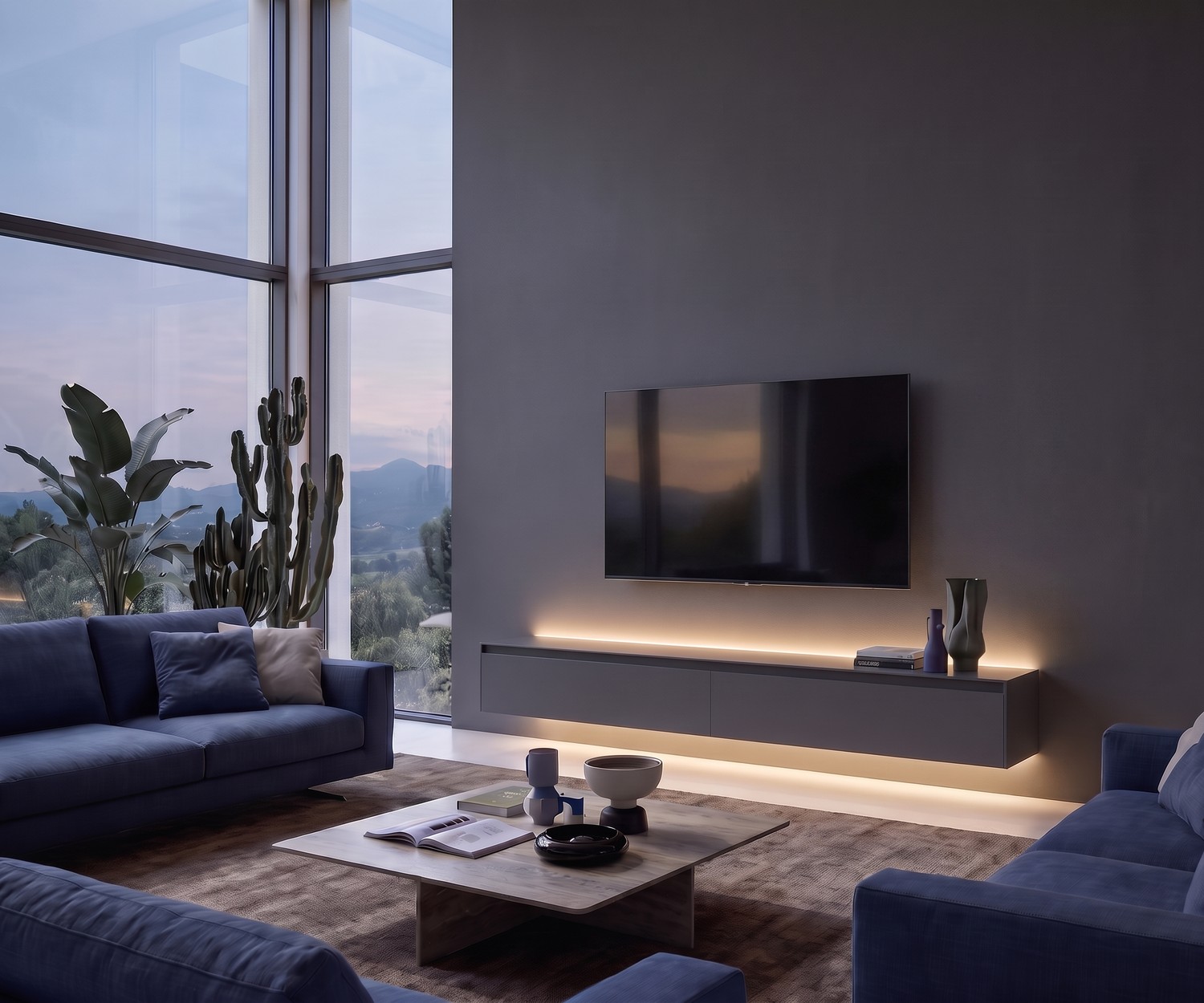 Meuble TV suspendu Novamobili Reverse avec LED Meuble TV suspendu Novamobili Reverse dans un salon gris moderne et minimaliste avec éclairage LED chaleureux.