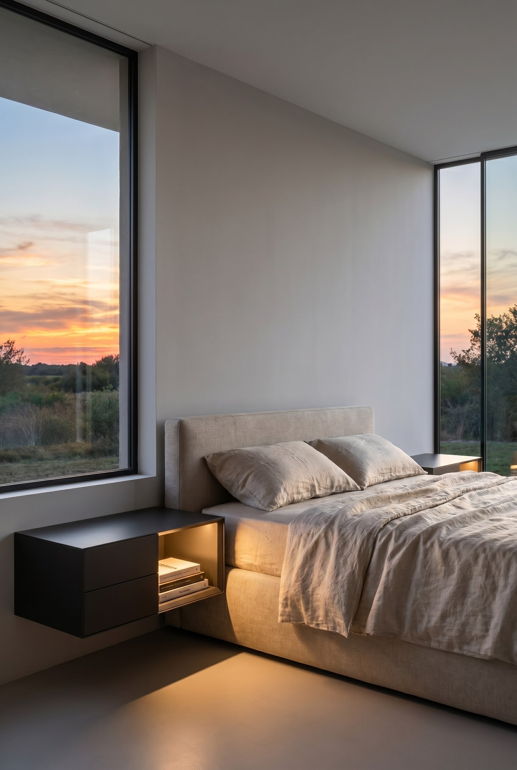 H&auml;ngender Livitalia Ecletto Open Nachttisch mit offener Nische neben einem Boxspringbett