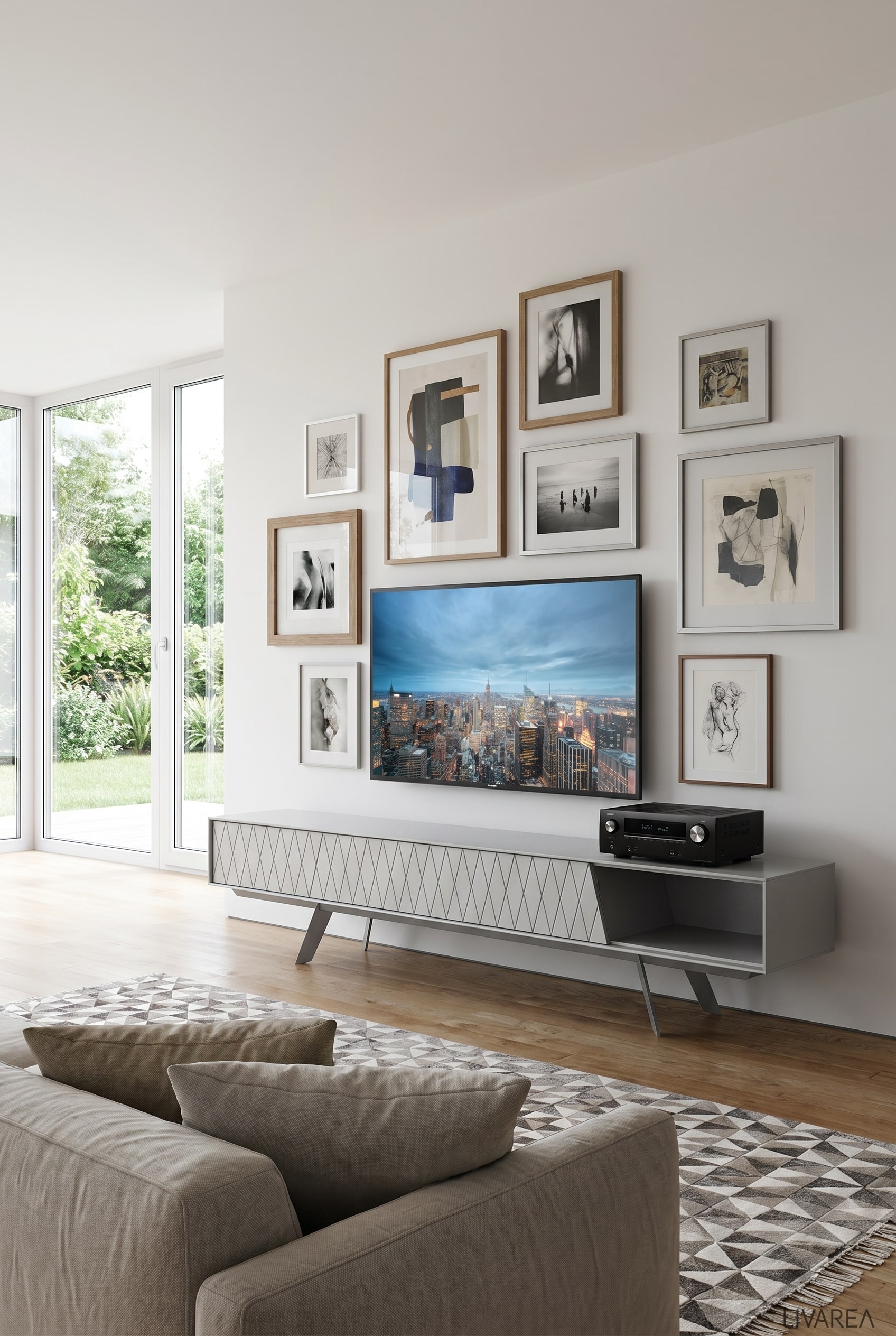 Helles Designer-Lowboard mit Rautenmuster auf den Türen unter schlichtem Flat-Screen vor großzügiger Fensterfront
