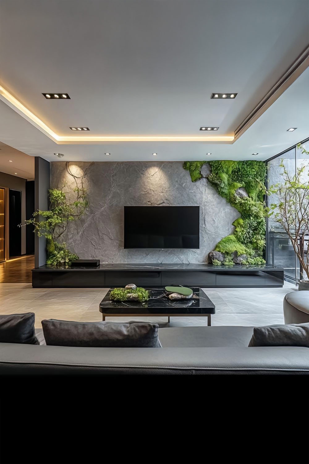 meubles de salon noirs intégrés dans une ambiance naturelle avec un mur en pierre et mousse authentique