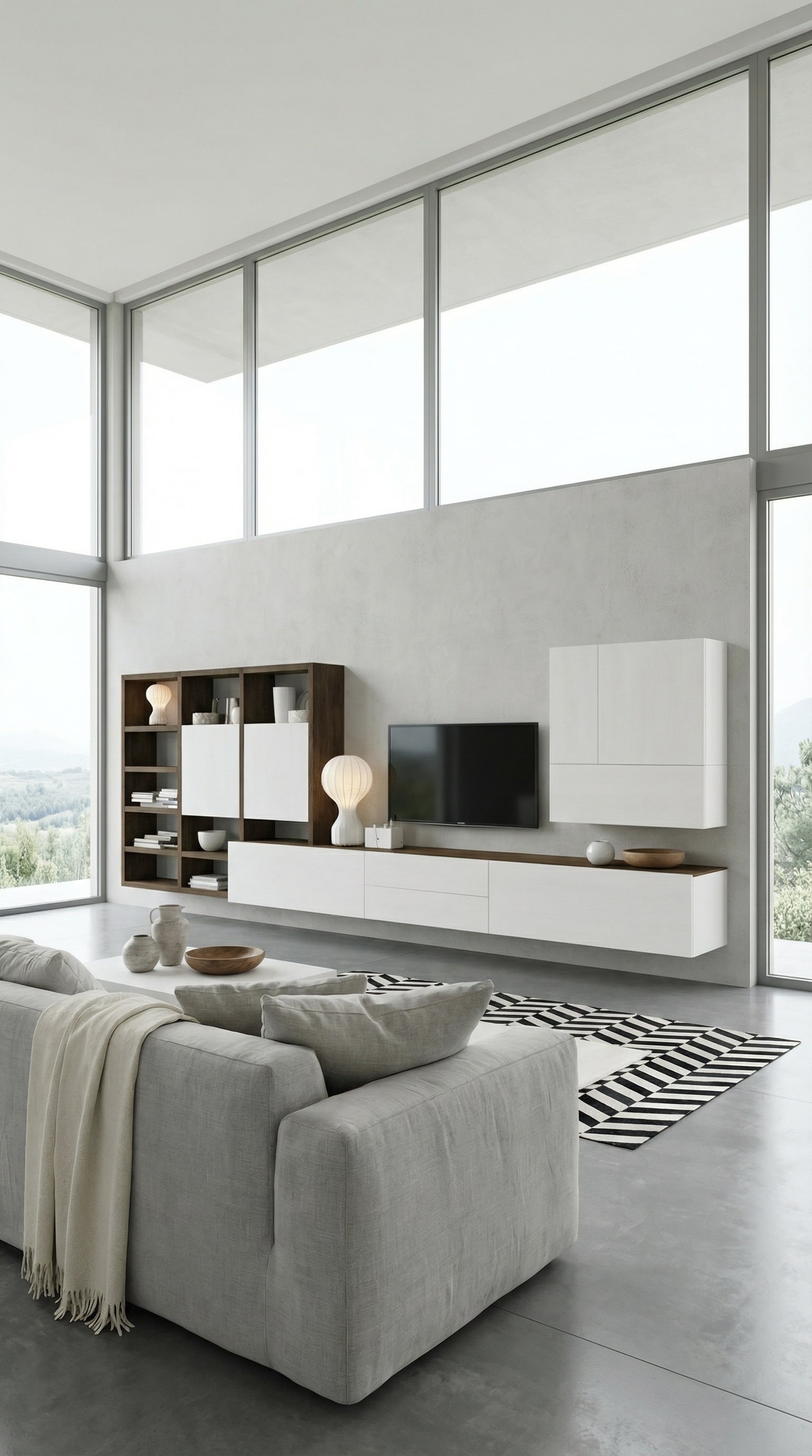 Mur TV moderne blanc style maison de campagne avec &eacute;l&eacute;ments en bois clair