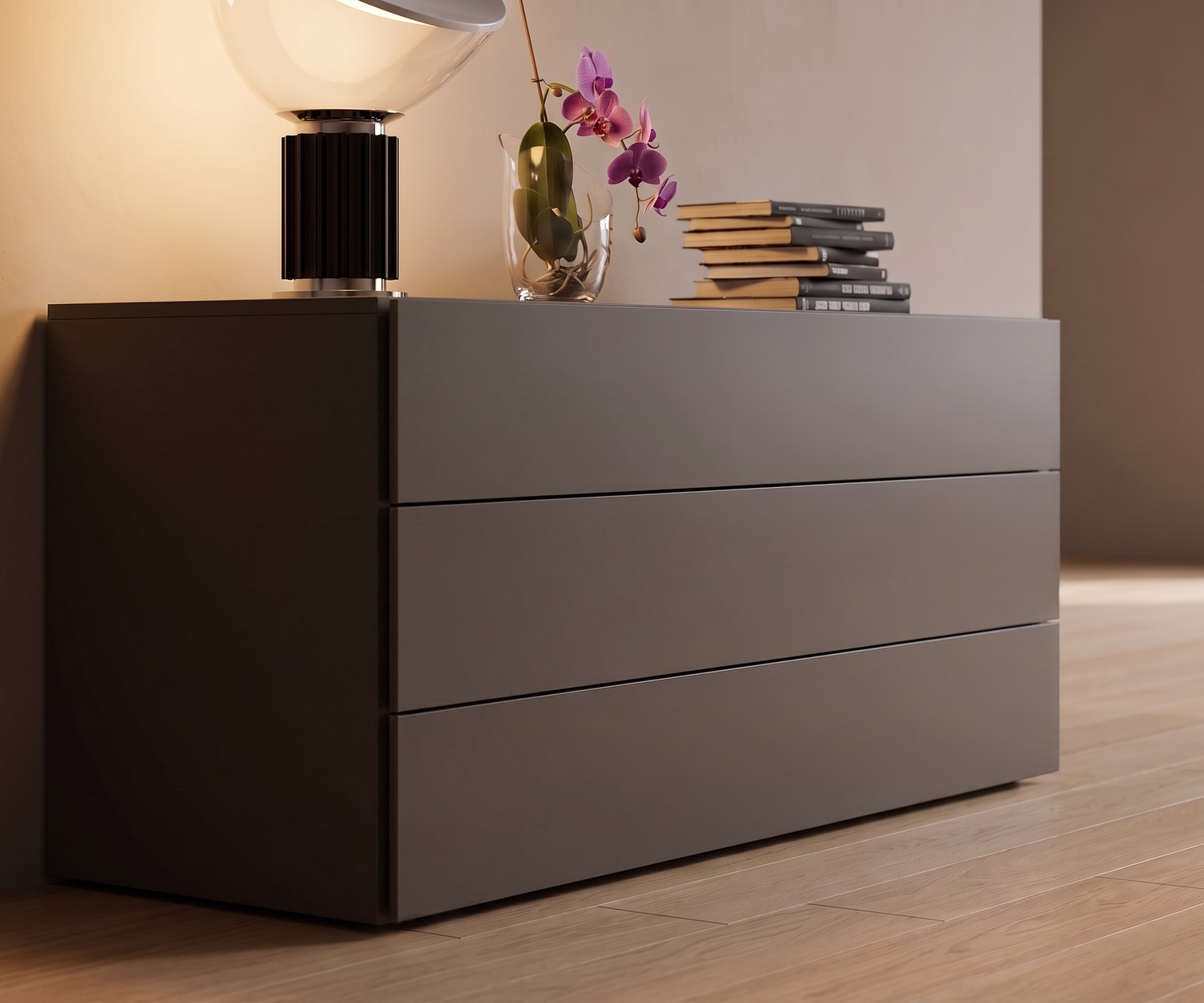 Commode 3 tiroirs Novamobili Easy Commode 3 tiroirs Novamobili Easy grise, meuble de rangement moderne et minimaliste pour la chambre avec lampe.