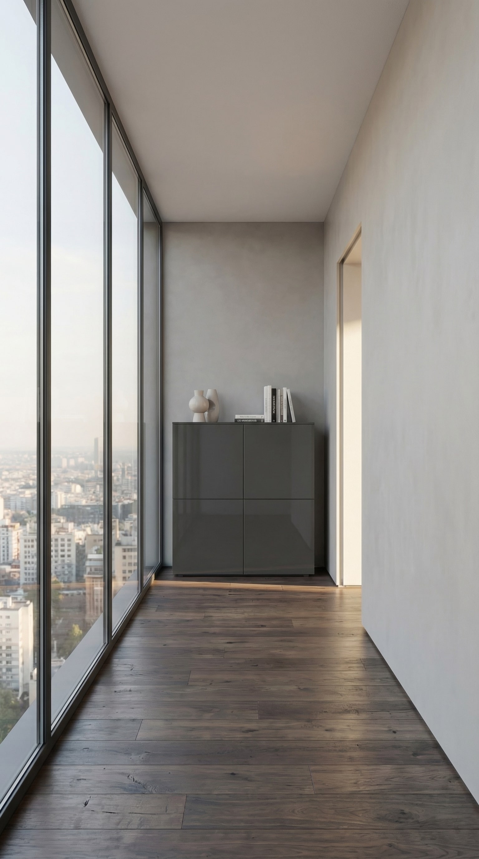 Highboard Livitalia Four dans un couloir &eacute;troit et lumineux avec des d&eacute;tails architecturaux.