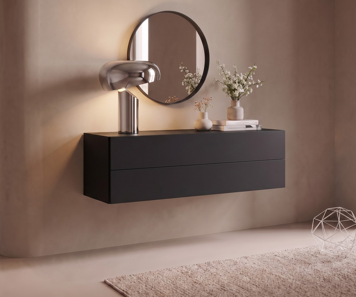 Commode suspendue noire Easy par Novamobili Commode suspendue Easy de Novamobili pour l'entrée, meuble suspendu moderne en noir mat avec deux tiroirs.