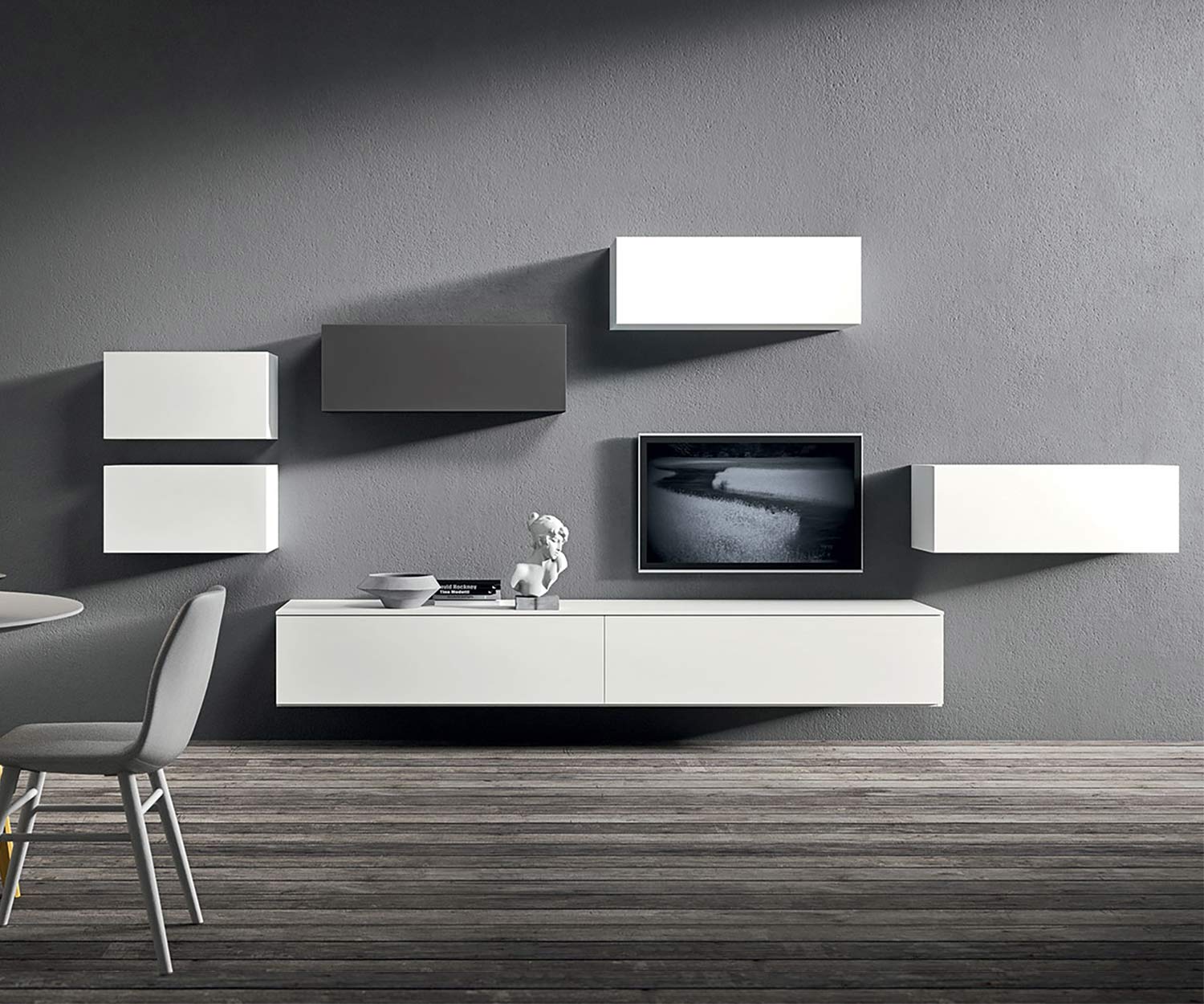Éléments suspendus de salon design haut de gamme en blanc brillant Éléments suspendus de salon design haut de gamme en blanc brillant