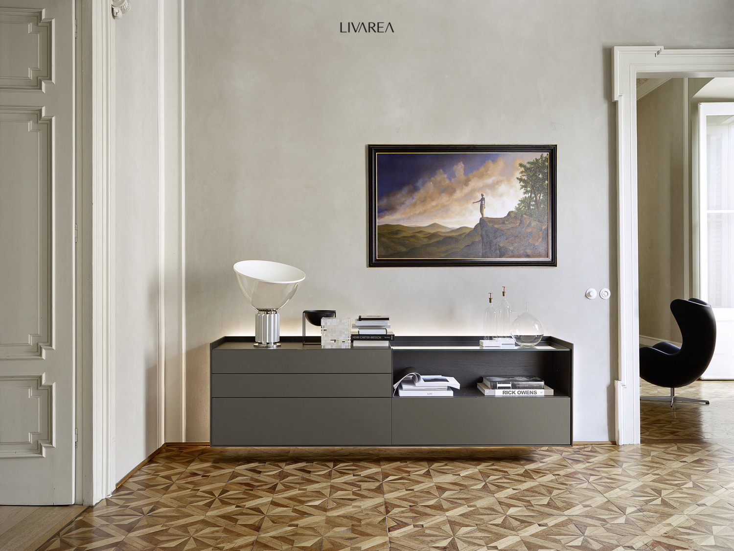 Anthracite Sideboard suspendu avec tiroirs et compartiment ouvert Anthracite Sideboard suspendu avec tiroirs et compartiment ouvert