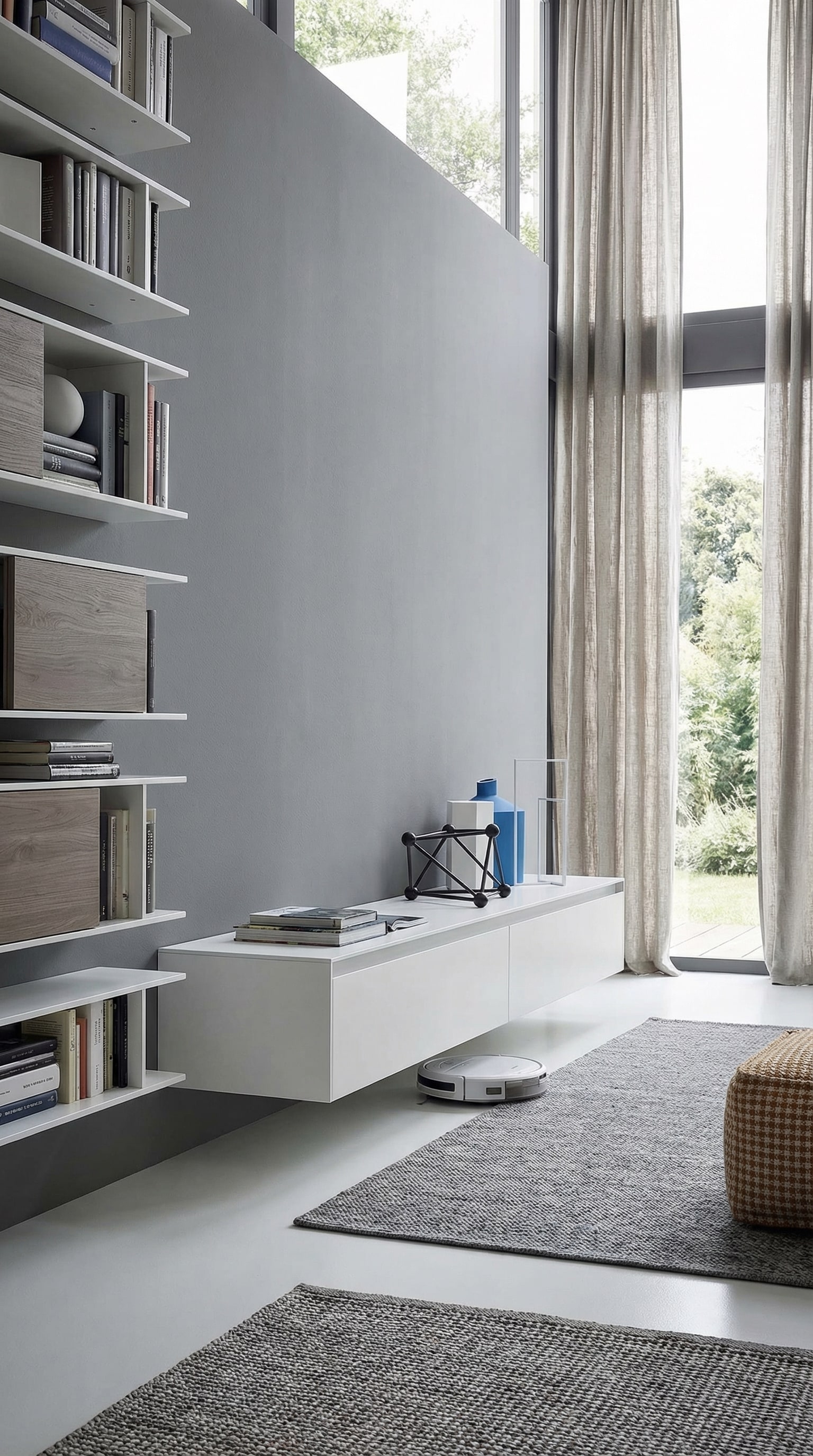 Meuble bas modulaire et asym&eacute;trique sur un mur gris