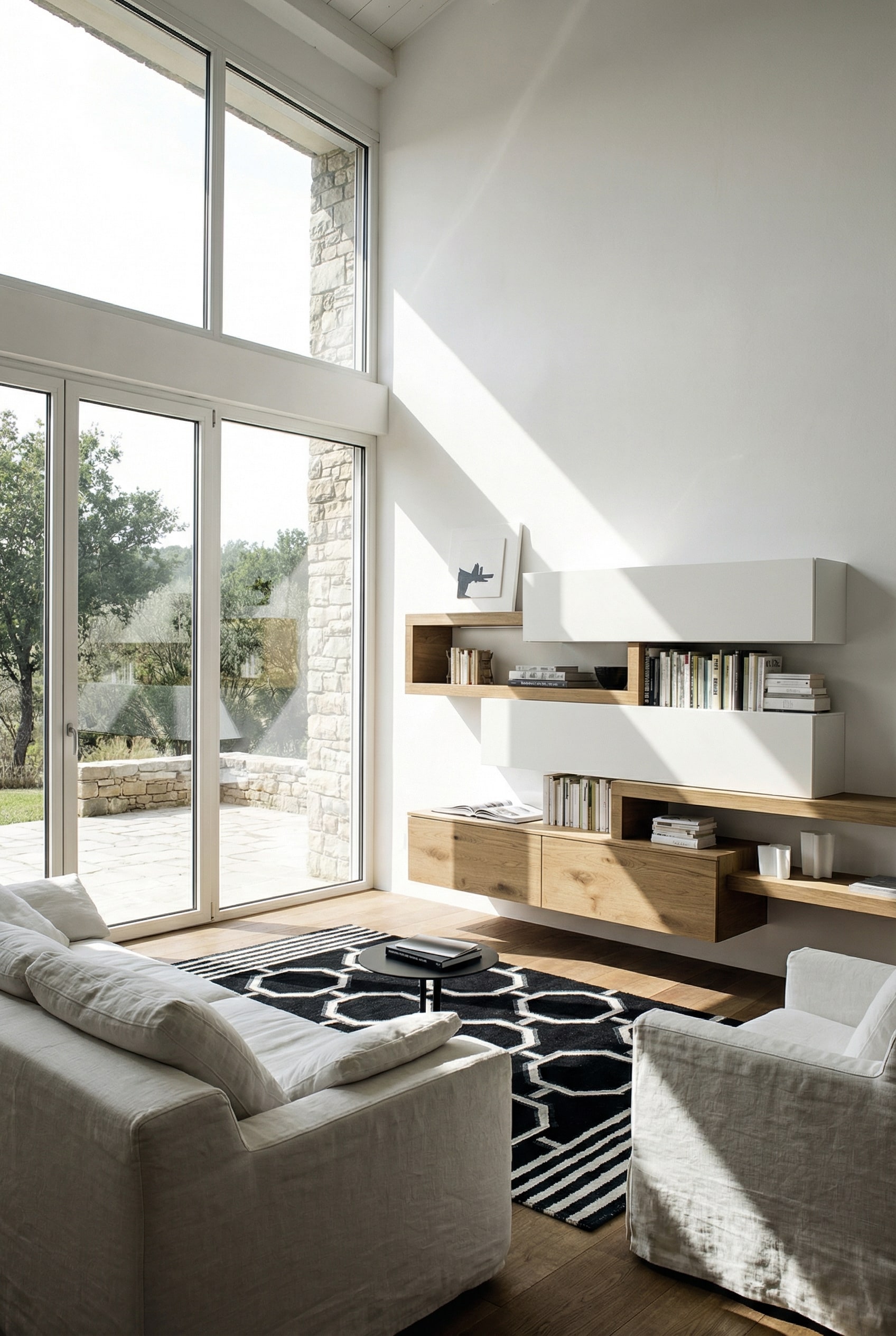 Salon moderne avec un meuble mural &agrave; l'&eacute;quilibre asym&eacute;trique