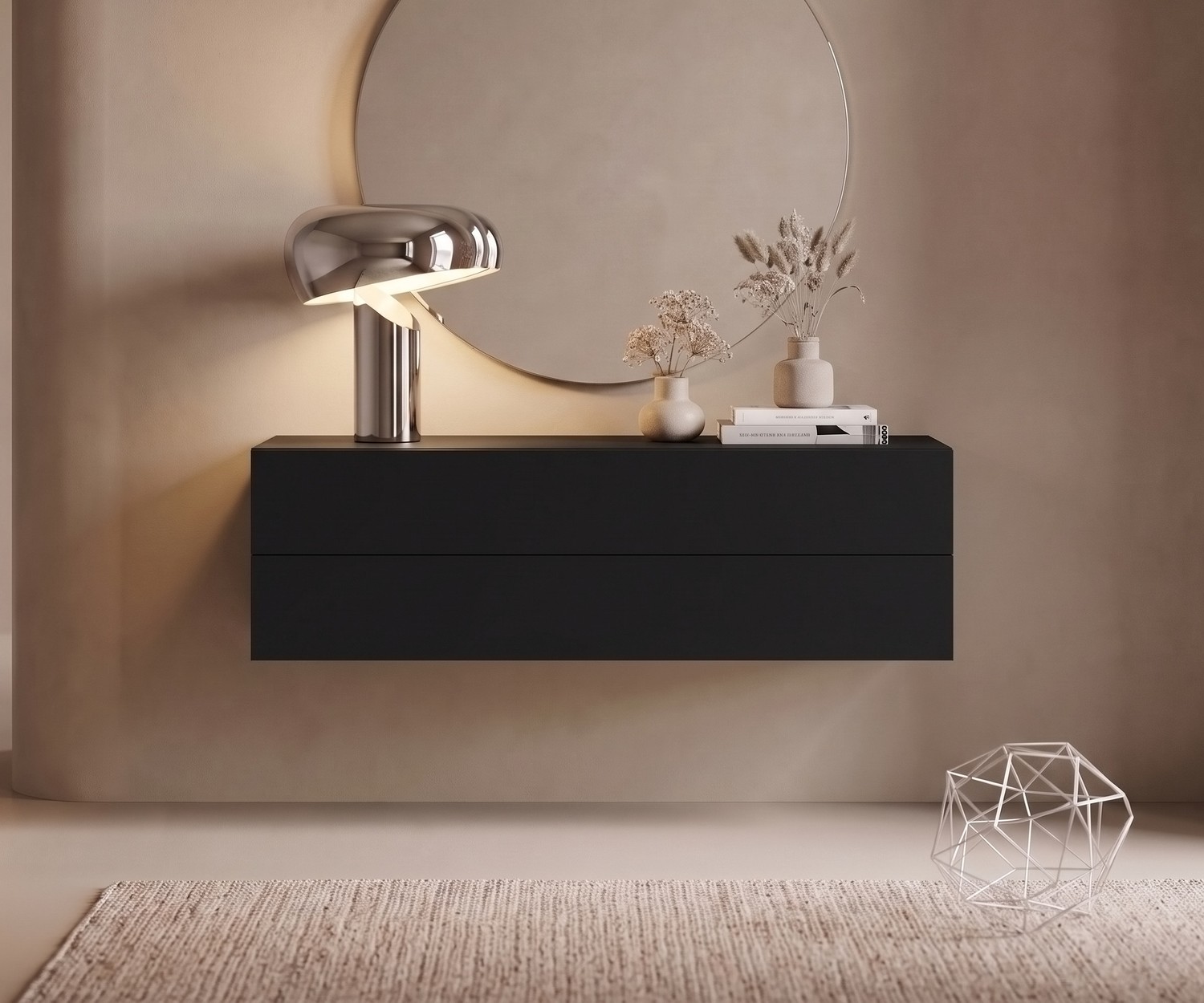 Commode suspendue Novamobili Easy noire pour chambre ou entrée, meuble de rangement moderne à deux tiroirs sans poignée.