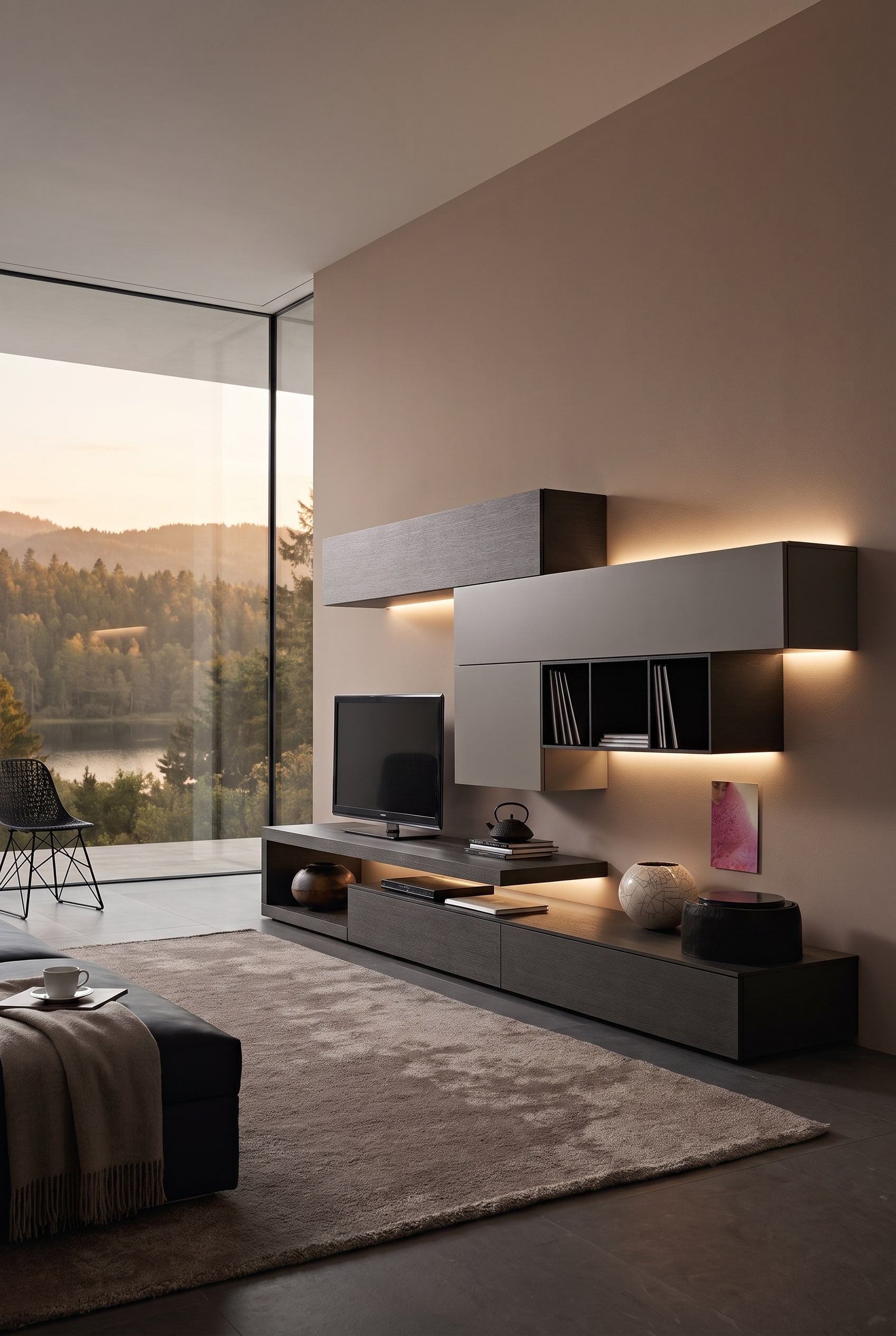 Moderne Livitalia Wohnwand C99 aus dunklem Holz, die vor einer Wand in der Trendfarbe Macchiato einen starken architektonischen Kontrast bildet.