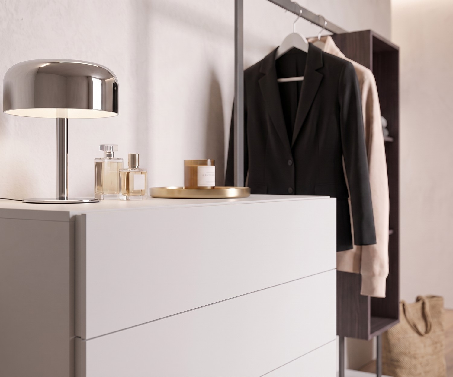Commode Novamobili Easy 4 avec penderie intégrée Commode Novamobili Easy 4 avec penderie pour l'entrée, meuble blanc avec tringle à vêtements moderne et minimaliste.
