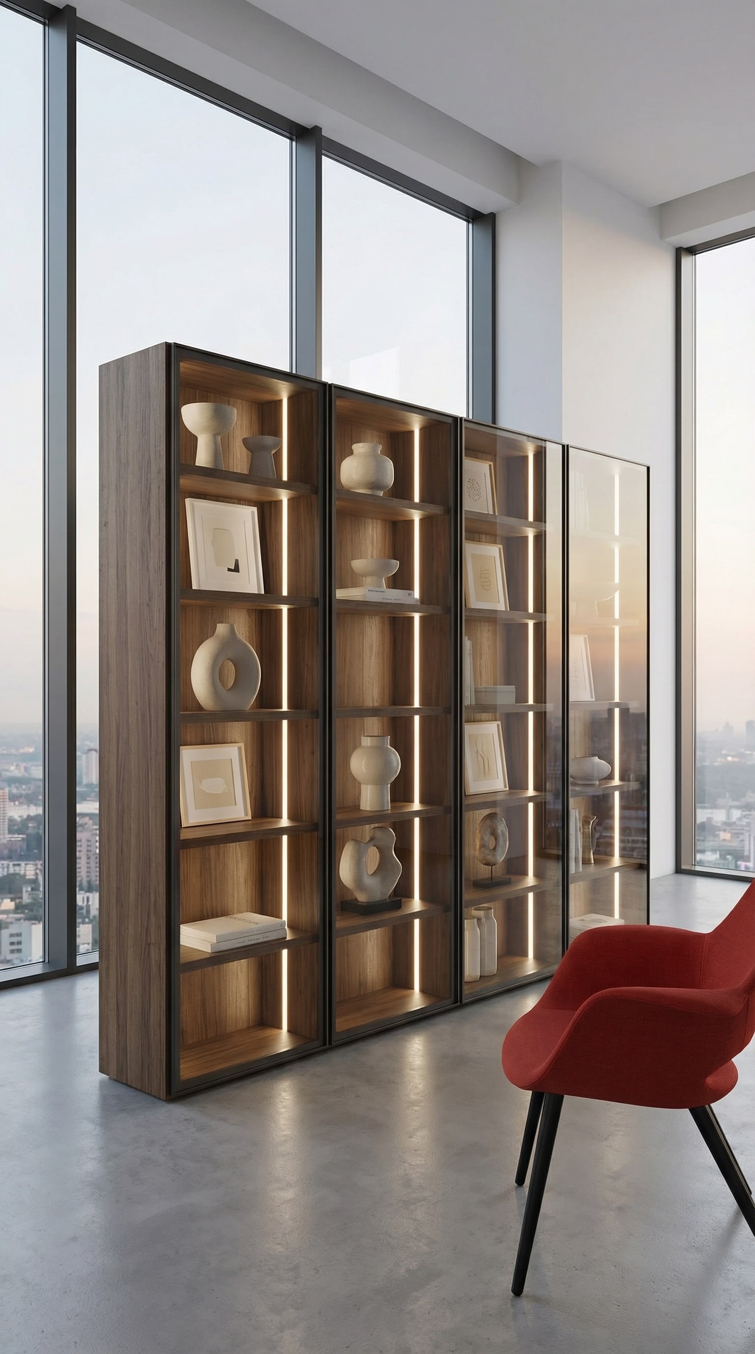 Biblioth&egrave;que exclusive en bois avec portes en verre fum&eacute; et &eacute;clairage LED