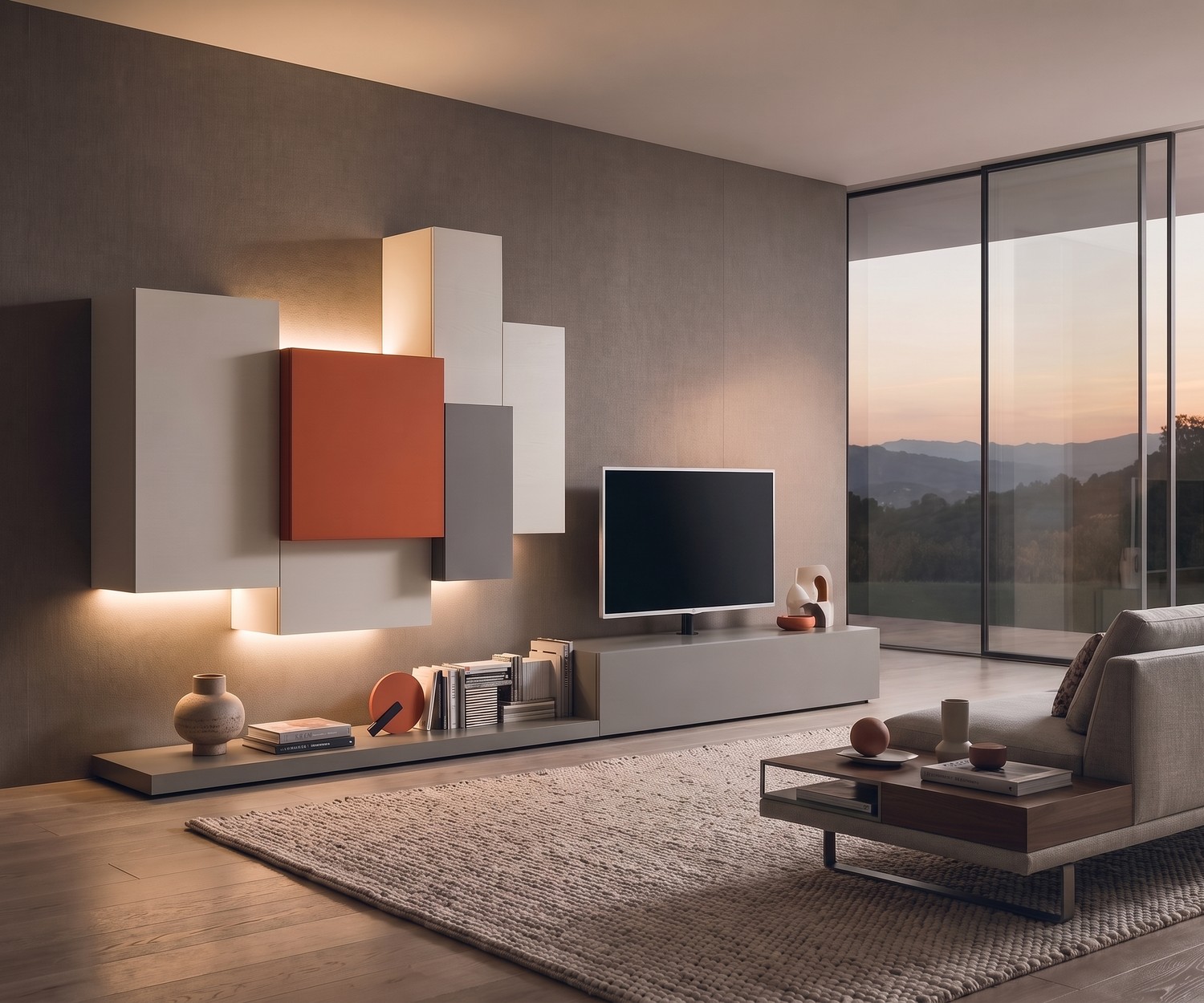 Socle TV bas Livitalia EASY Socle TV Livitalia EASY dans un salon moderne, banc bas gris élégant pour meuble TV et accessoires de décoration.