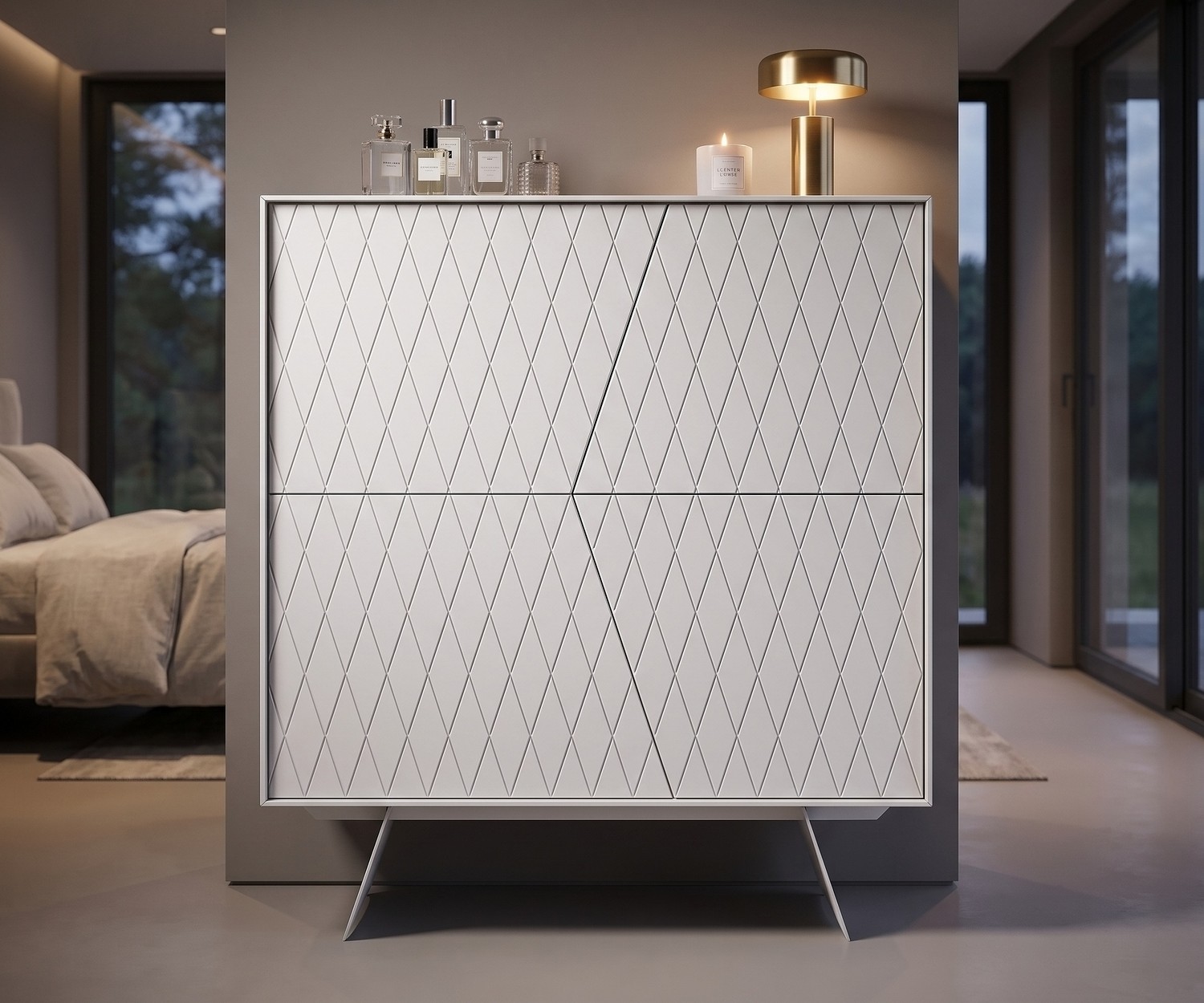 Buffet haut al2 e-klipse 009 pour chambre, meuble de rangement blanc mat avec portes à motif de losanges.