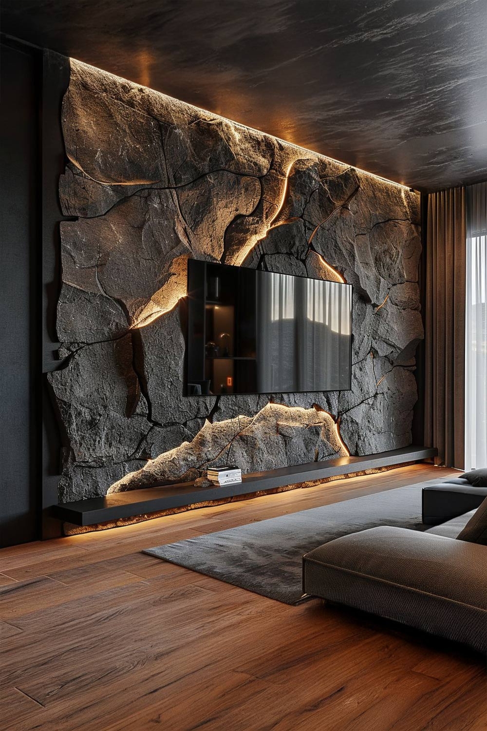 le noir et le bois s'harmonissent parfaitement dans le salon