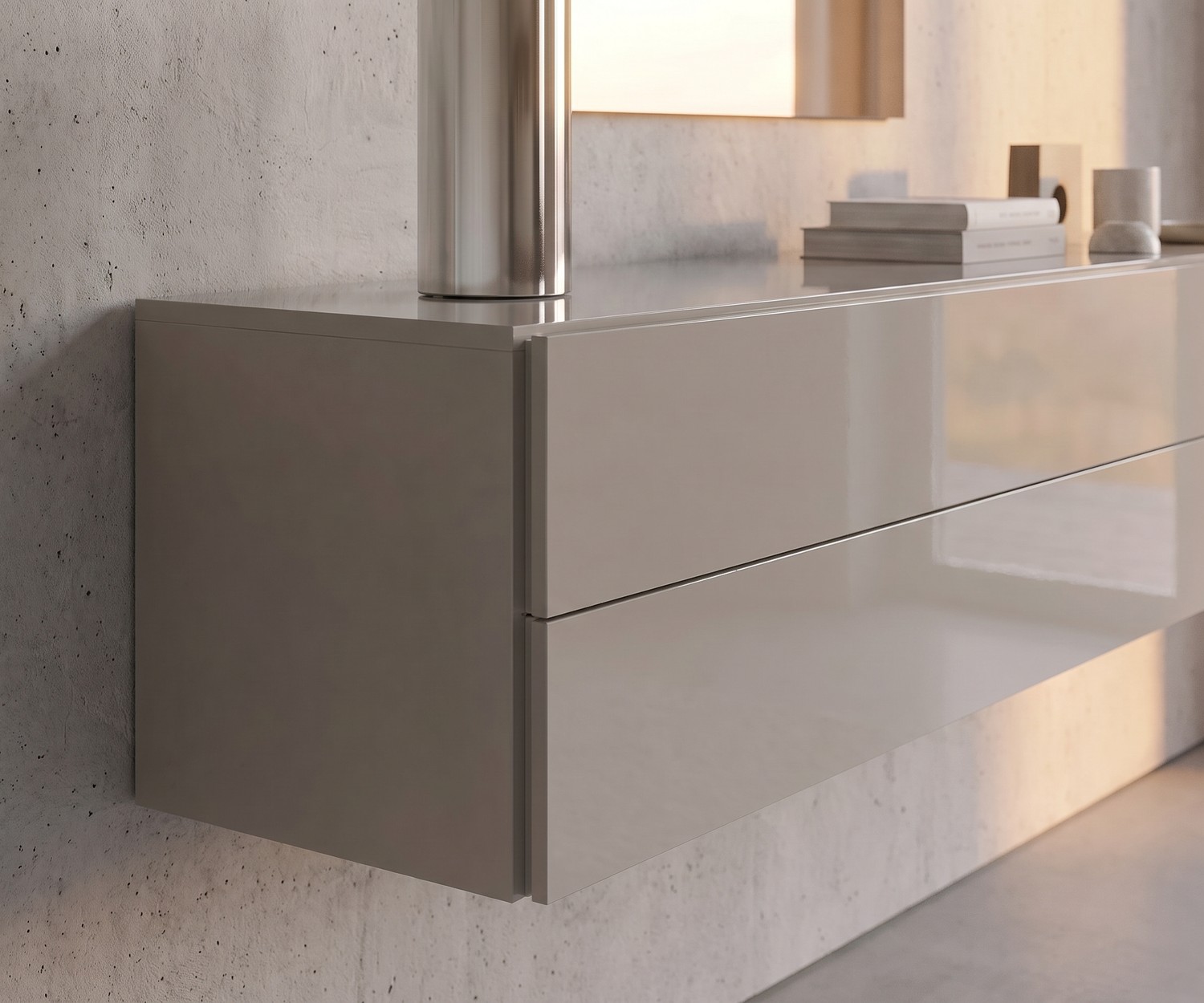 Commode suspendue Easy Novamobili laquée sable Commode suspendue Easy de Novamobili laquée sable brillant, buffet mural design pour un salon minimaliste et élégant.