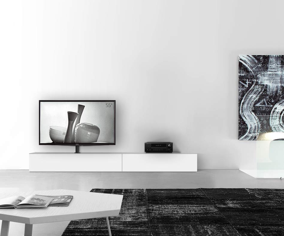 Table basse design Configurateur avec support TV au sol Largeur 270 33,5 45 gauche blanc mat
