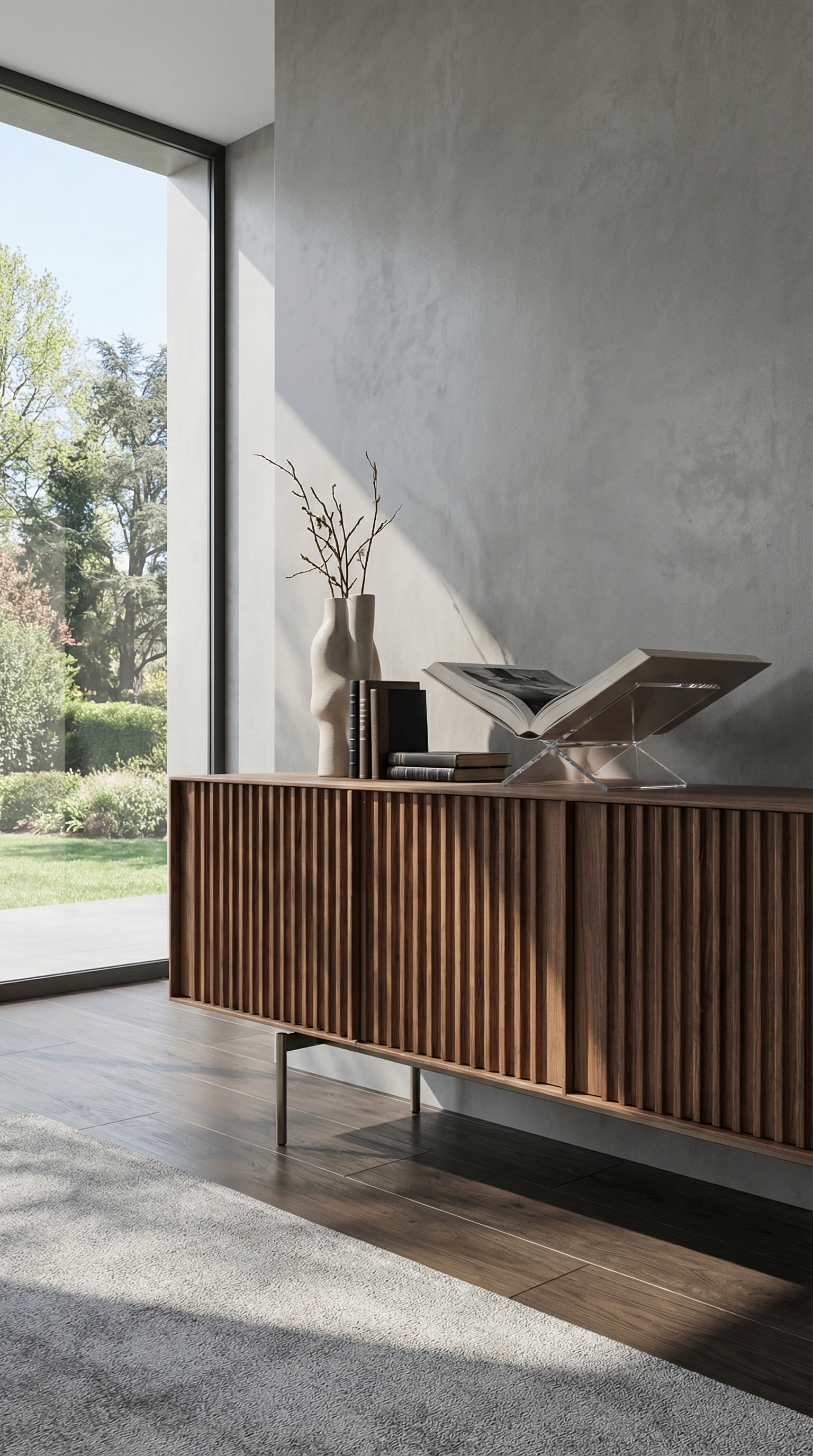 Gros plan du Sideboard al2 KA-BERA avec structure &agrave; lamelles en noyer