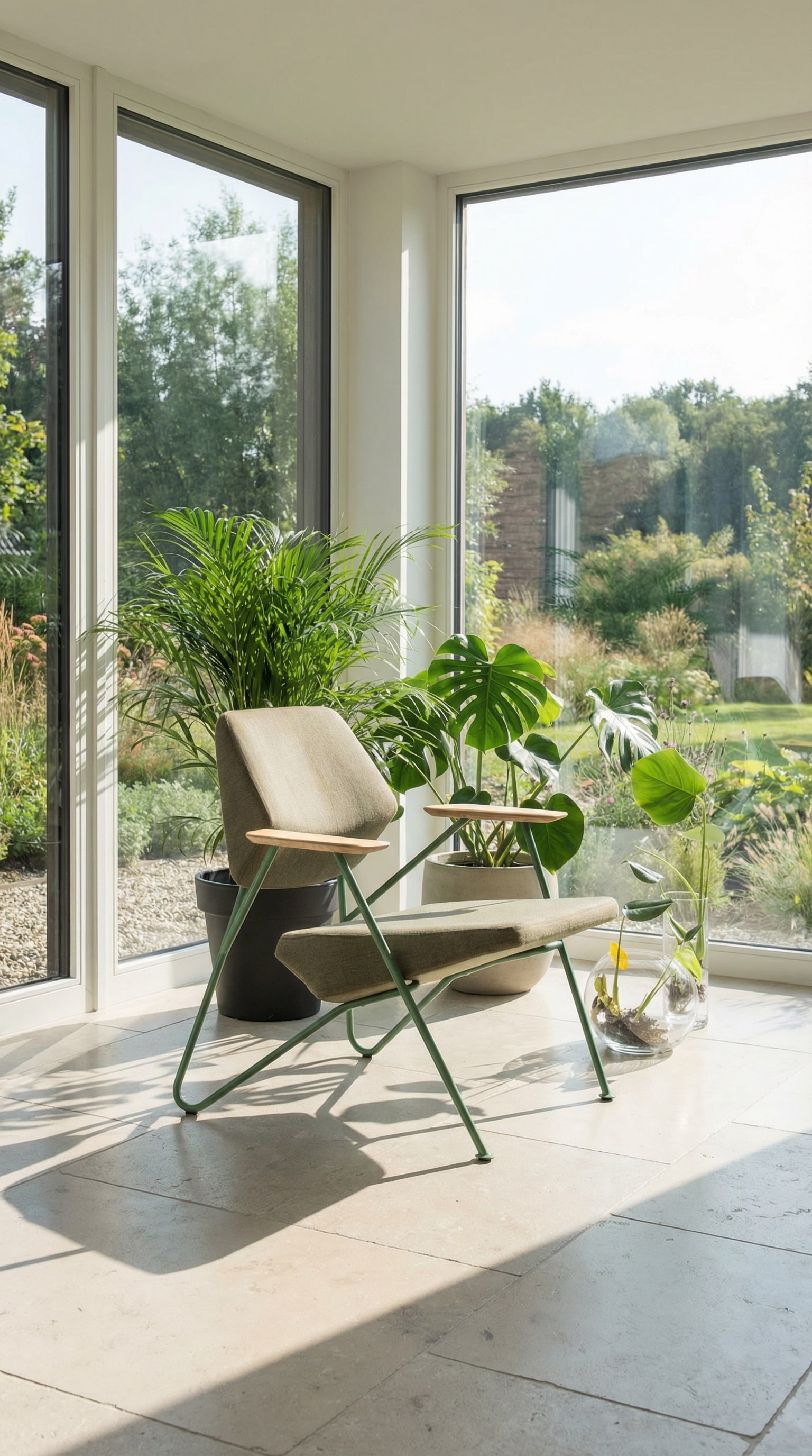 Fauteuil lounge géométrique avec structure verte et coussins beiges devant de grandes plantes d'intérieur Fauteuil lounge géométrique avec structure verte et coussins beiges devant de grandes plantes d'intérieur