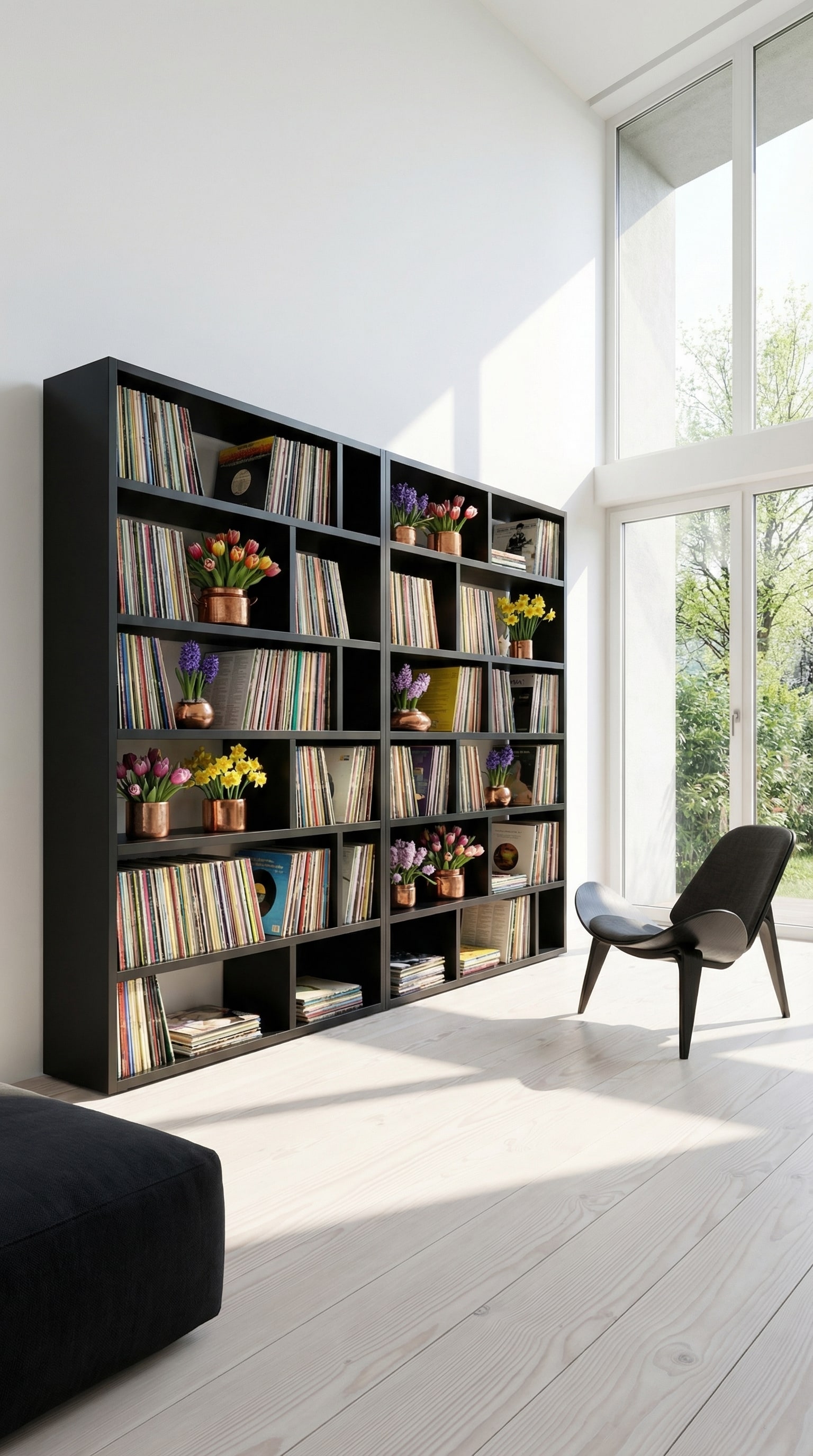 Grand système d'étagères sombre avec des disques vinyles colorés en contraste Grand système d'étagères sombre avec des disques vinyles colorés en contraste