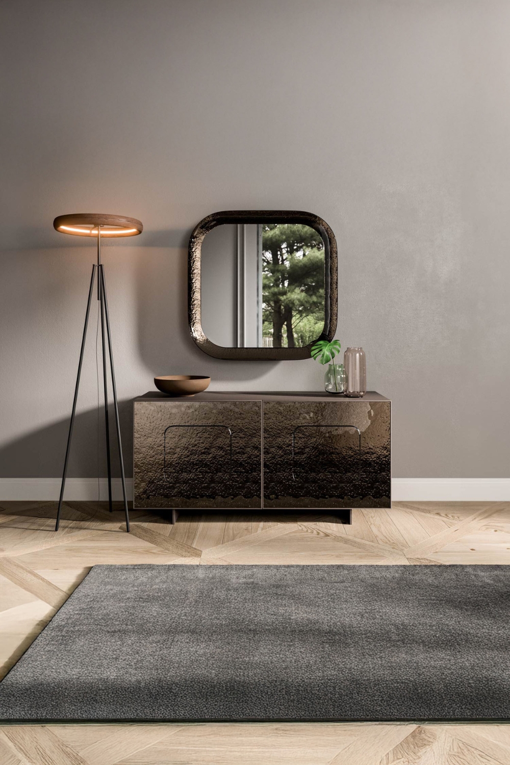 Buffet d'entr&eacute;e, miroir et lampe &agrave; l'allure extravagante