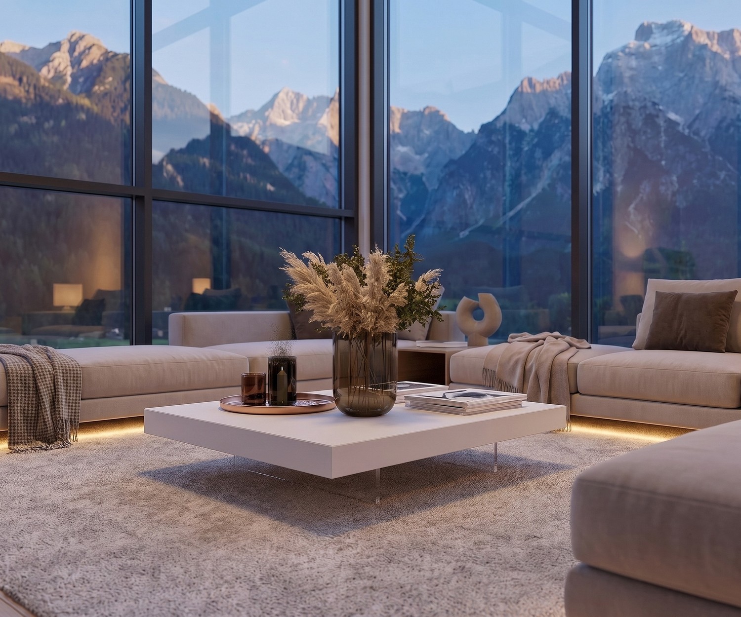 Table basse design Livitalia Low en blanc mat avec pieds transparents dans un salon haut de gamme.
