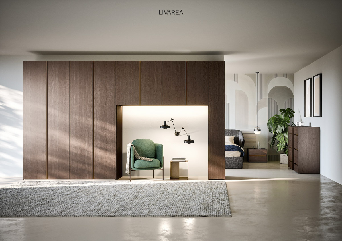 Armoire en chêne foncé, plaquée et ouverte, avec niche pour fauteuil et table d'appoint. Armoire en chêne foncé, plaquée et ouverte, avec niche pour fauteuil et table d'appoint.