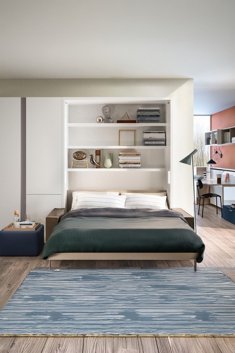 lit escamotable d&eacute;pli&eacute; et une commode avec bureau au design moderne