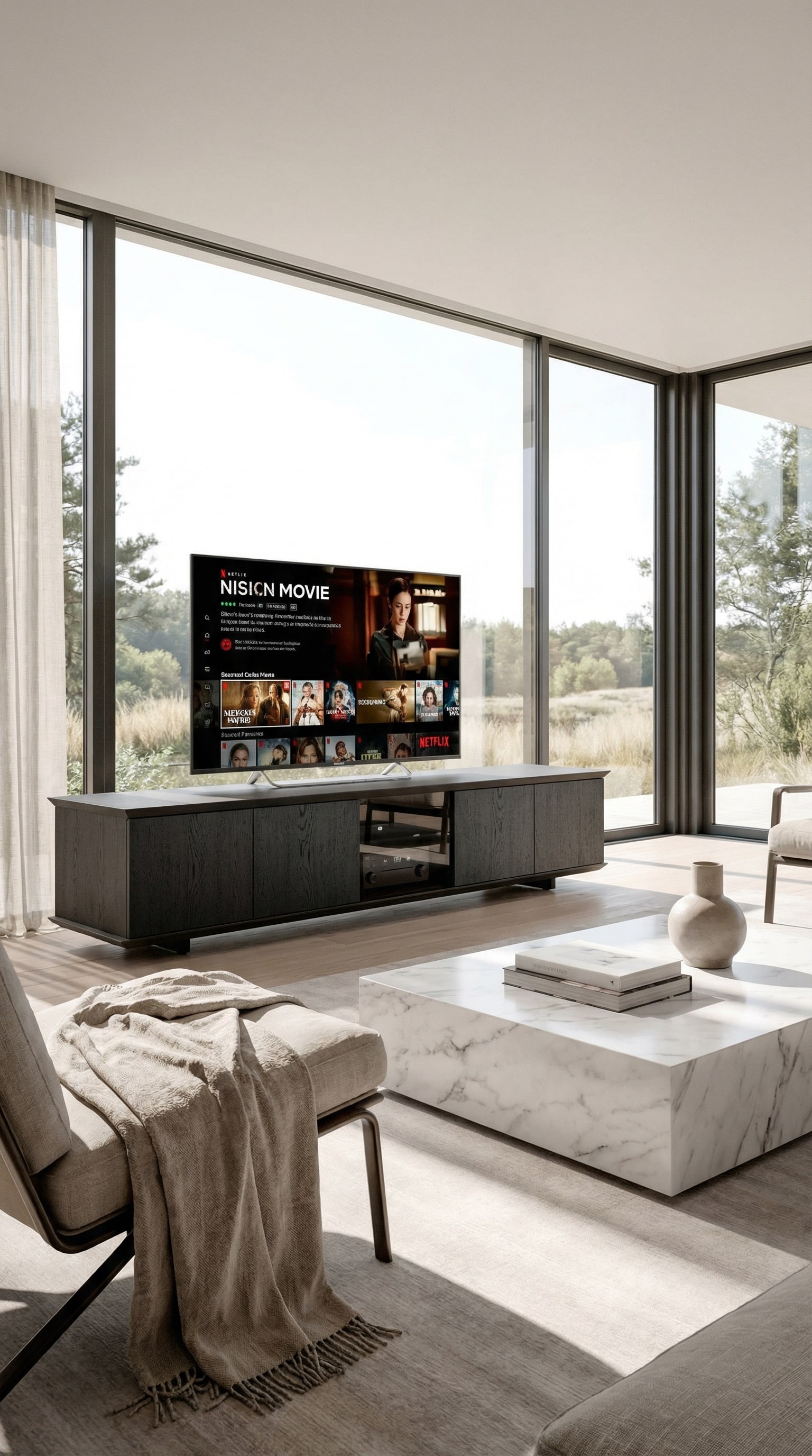 Meuble TV Ozzio Brera avec int&eacute;gration technologique invisible dans un salon lumineux