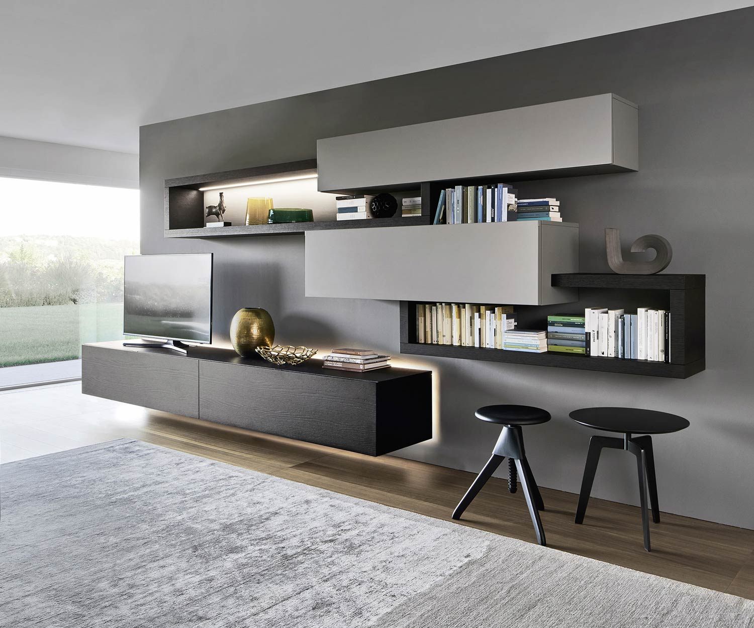 Exclusif Livitalia Meuble-paroi design C27 en chêne plaqué et gris mat Exclusif Livitalia Meuble-paroi design C27 en chêne plaqué et gris mat