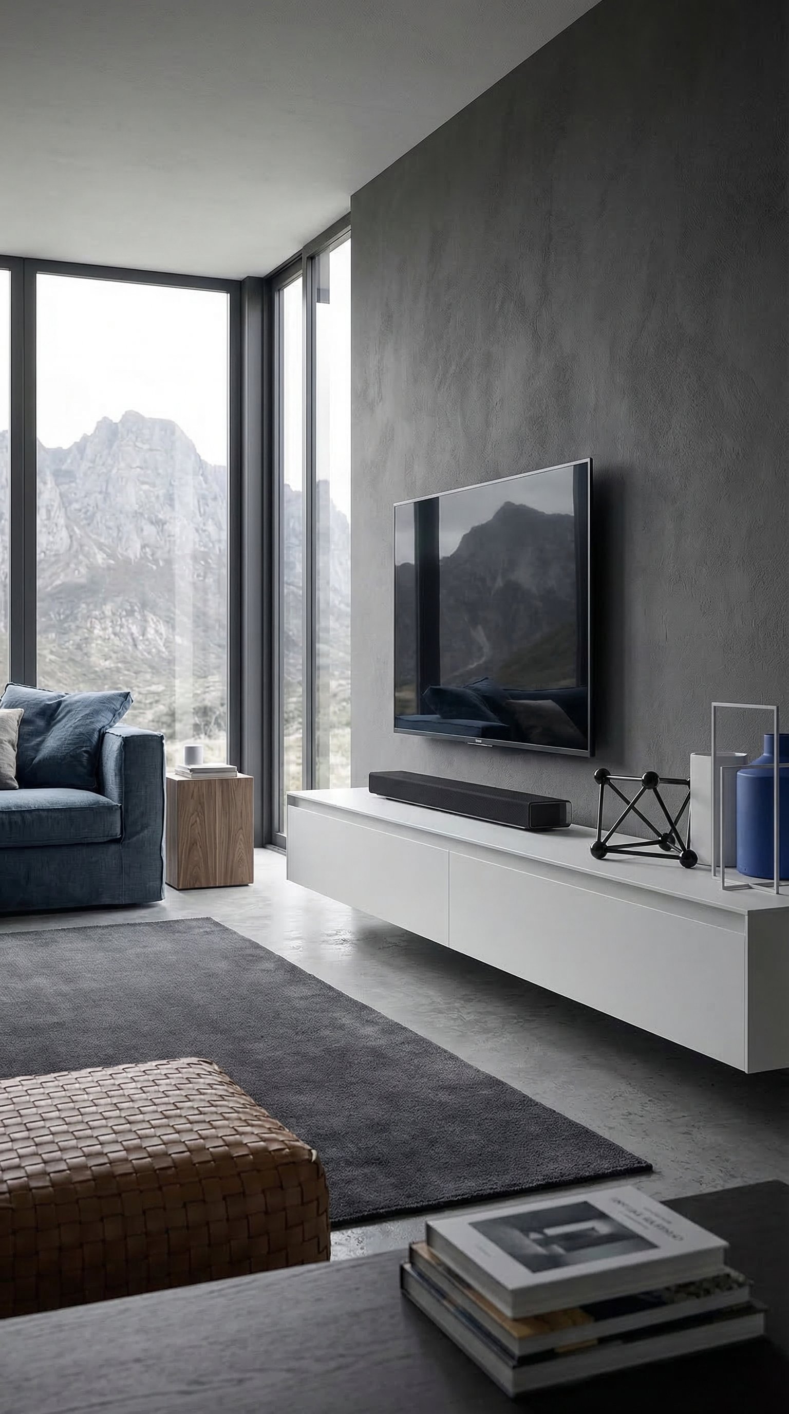 Un meuble bas design blanc mat, tr&egrave;s long, dans un salon moderne avec un mur gris et des accents bleus.