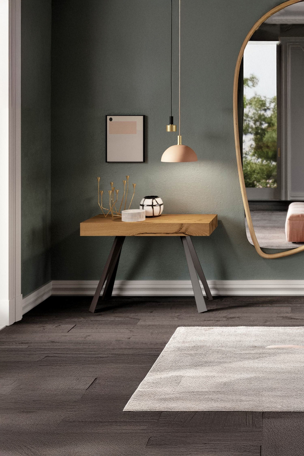 hall avec console, suspensions et miroir mural aux designs modernes