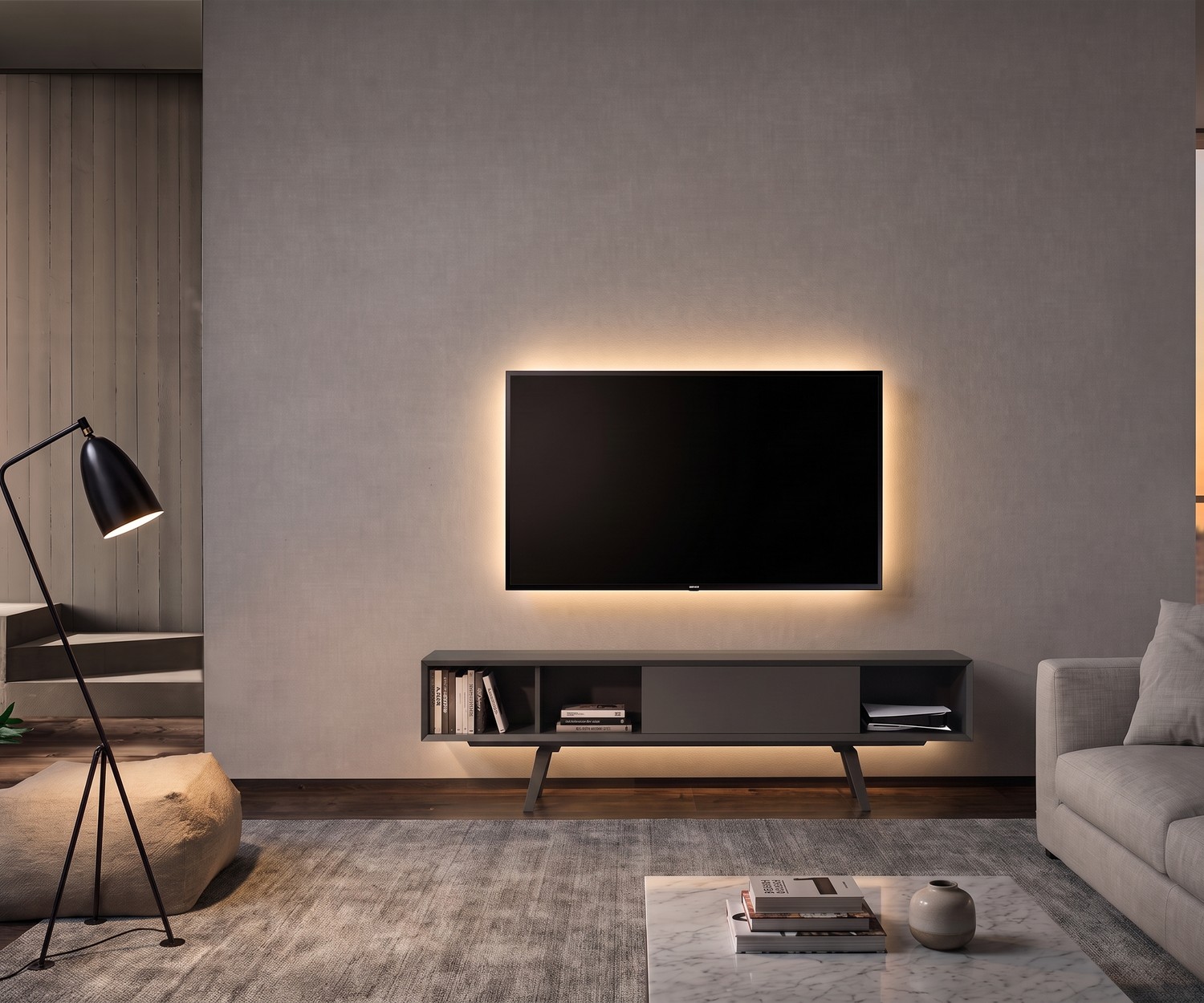 Meuble TV bas moderne blanc e-klipse 005 Meuble TV bas e-klipse 005 pour le salon. Banc TV design blanc moderne sous une télévision dans un intérieur épuré.