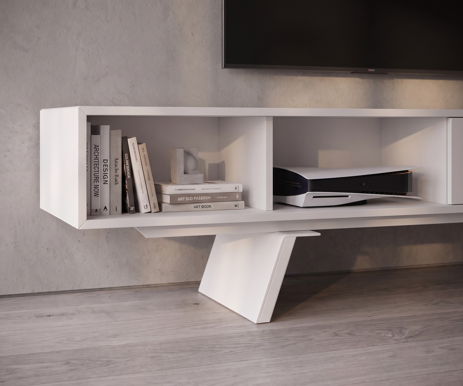 Meuble TV bas moderne blanc e-klipse 005 Meuble TV bas e-klipse 005 pour le salon. Banc TV design blanc moderne sous une télévision dans un intérieur épuré.