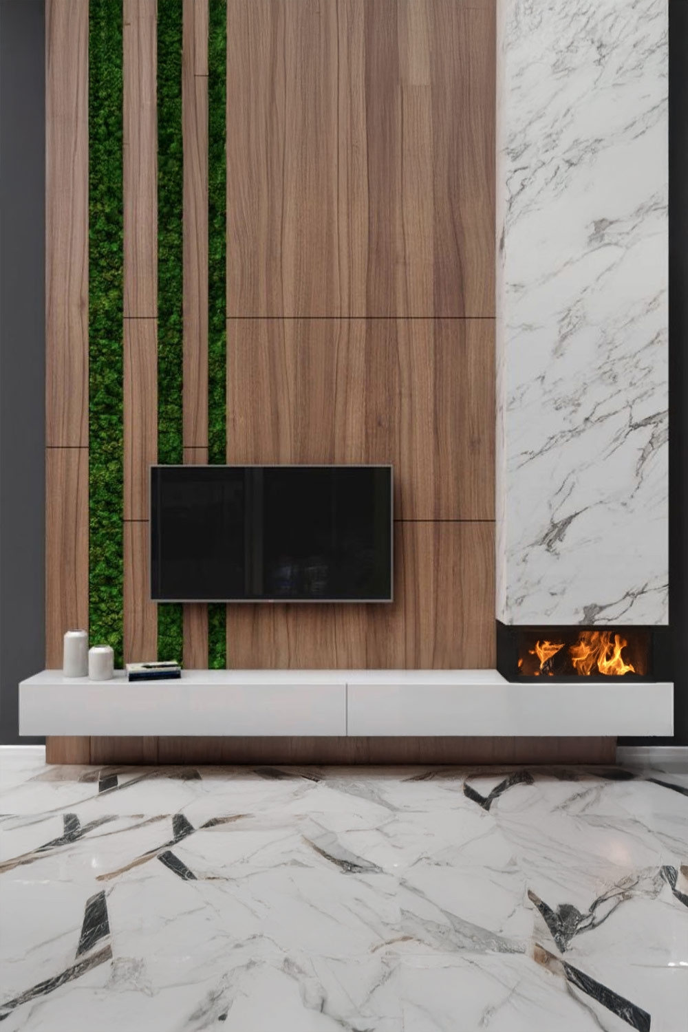 meuble TV élégant avec bois et marbre, lowboard sans poignée et cheminée électrique accentuante