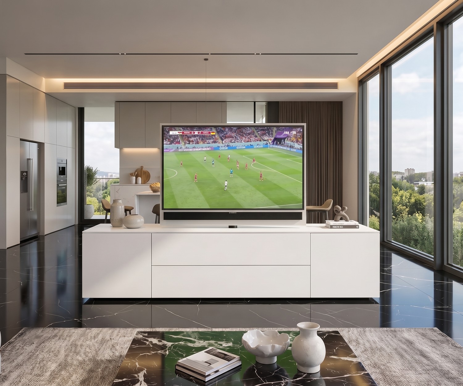 Buffet séparateur de pièce Livitalia Roto avec panneau TV rotatif Buffet séparateur de pièce Livitalia Roto avec panneau TV rotatif blanc mat dans un salon moderne.