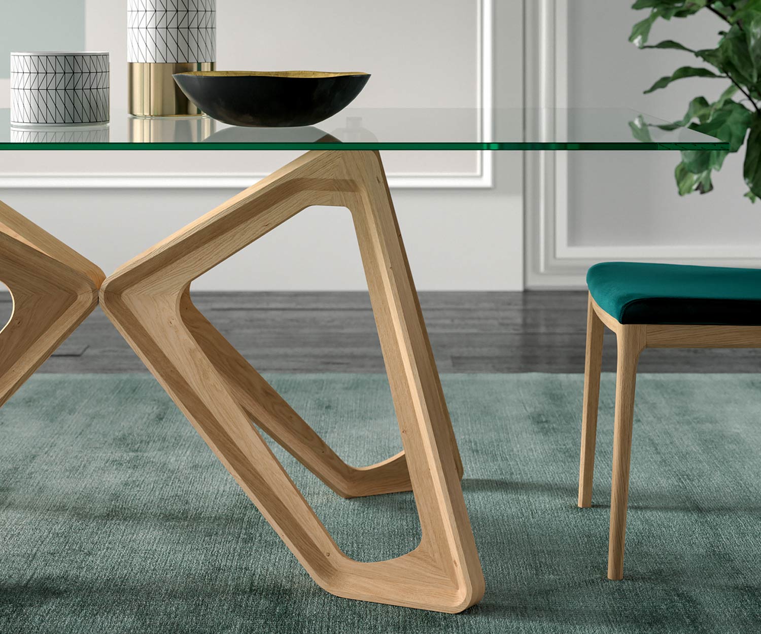 Table en verre moderne Papillon Design de Ozzio Détail du plateau en verre Piètement Pied massif Table en verre moderne Papillon Design de Ozzio Détail du plateau en verre Piètement Pied massif