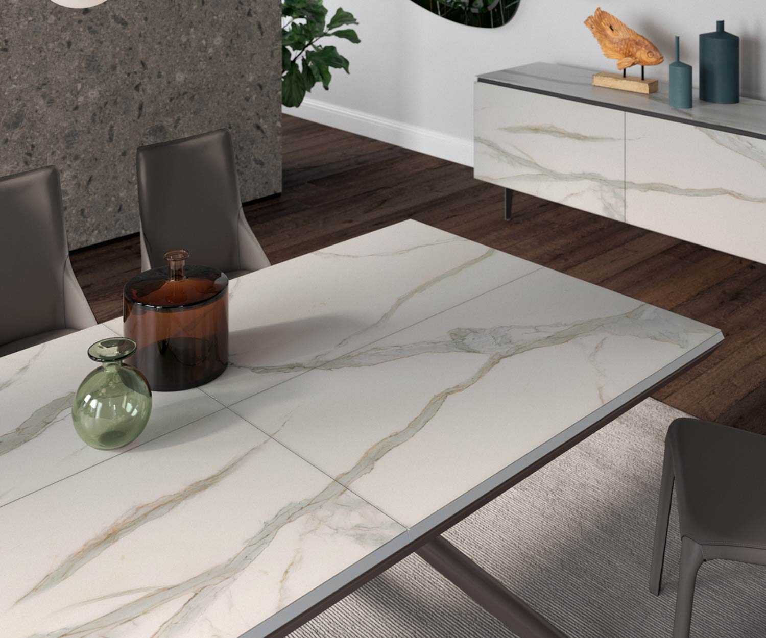 Design table à manger détail Calacatta or marbre plateau de table rectangulaire