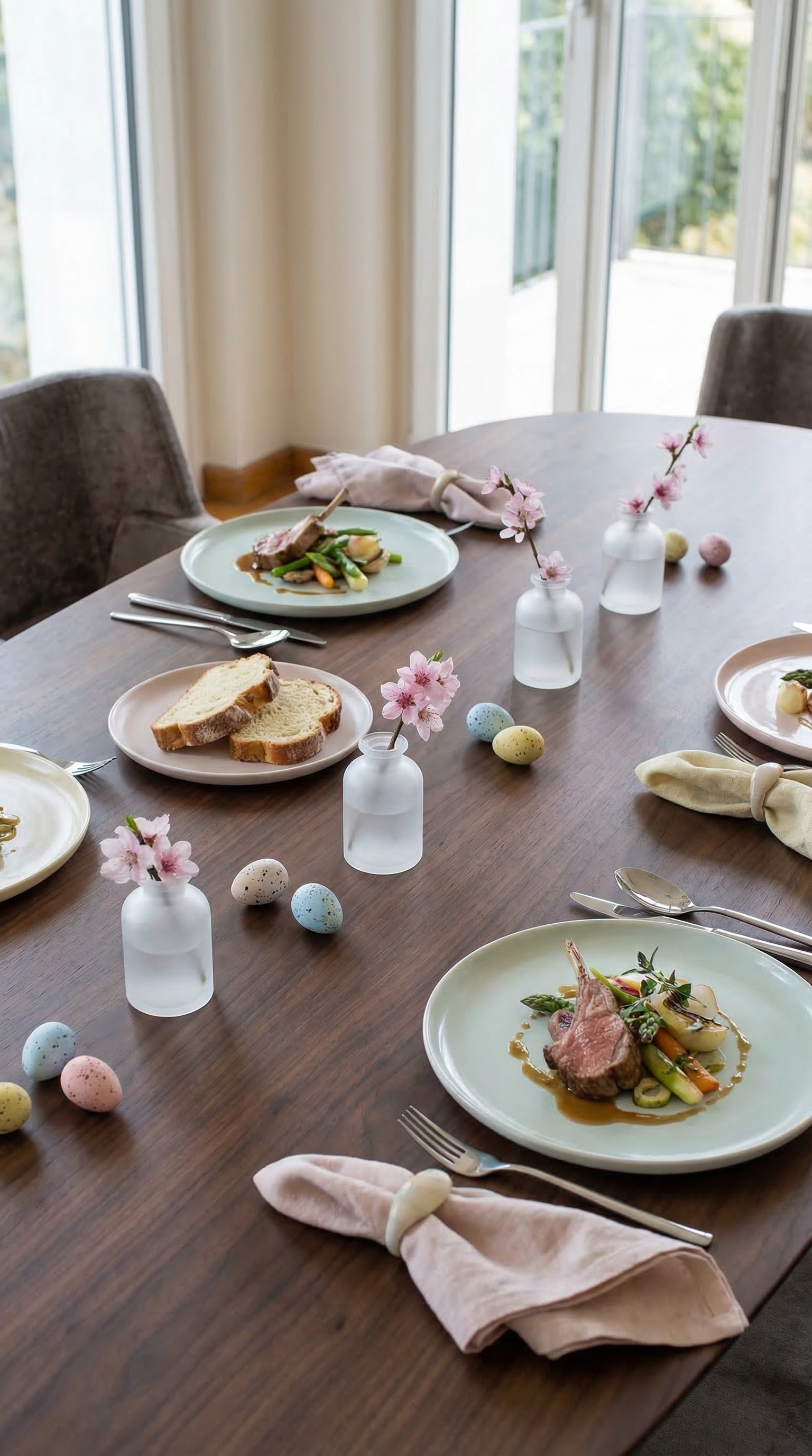 Gros plan d'une table en bois noble avec une d&eacute;coration de P&acirc;ques minimaliste aux couleurs pastel.